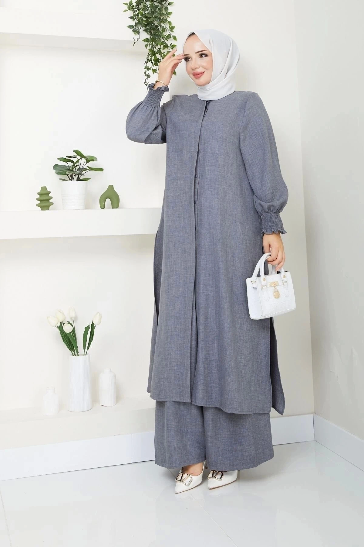 Kadın Uzun İkili Tesettür Tunik Takım 10114 - Gri