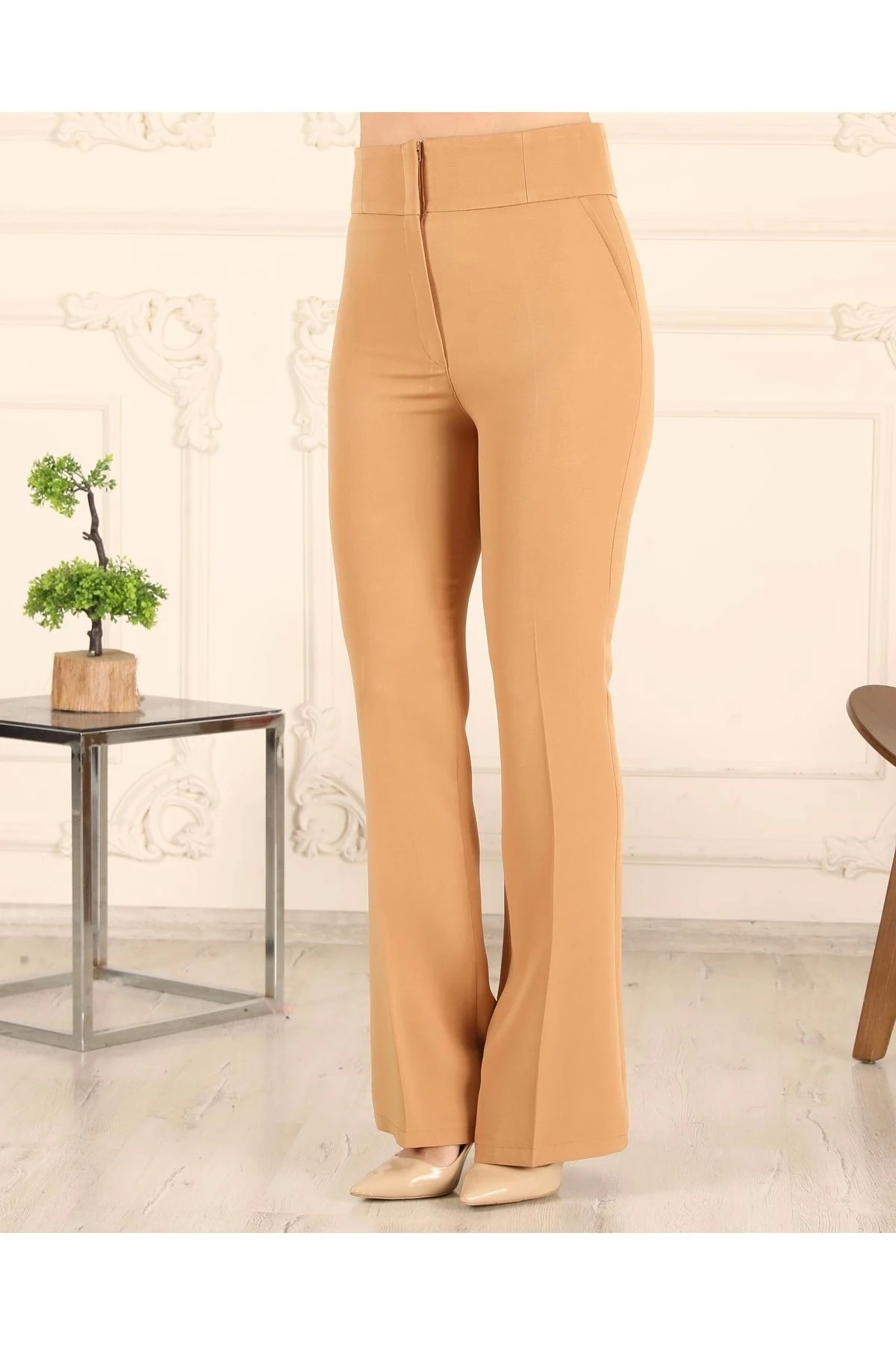 Yüksek Bel İspanyol Paça Kadın Kumaş Pantolon 10101