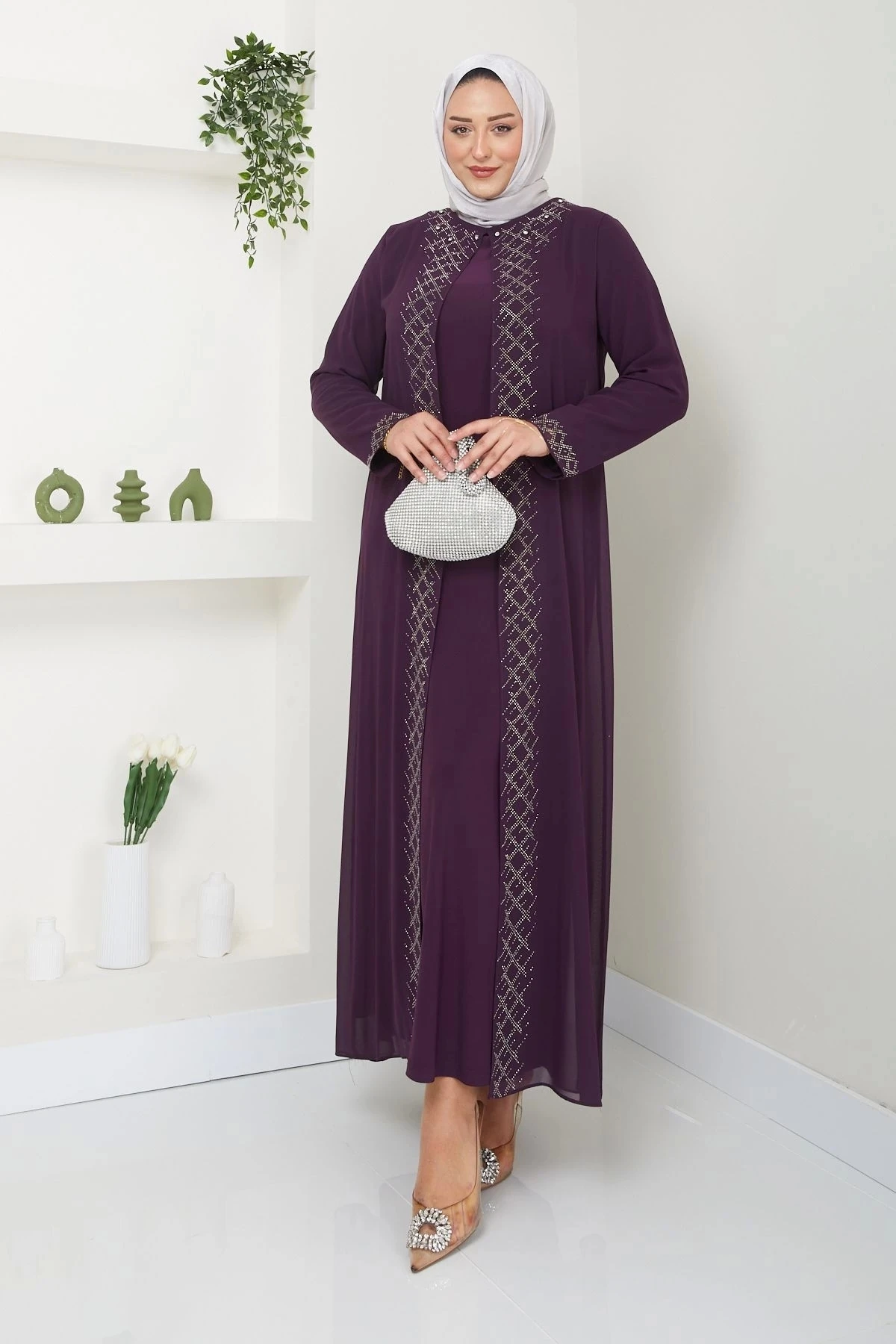 Kadın Büyük Beden Abiye Elbise Şifon Tesettür Abiye Elbise 10120 - Mürdüm