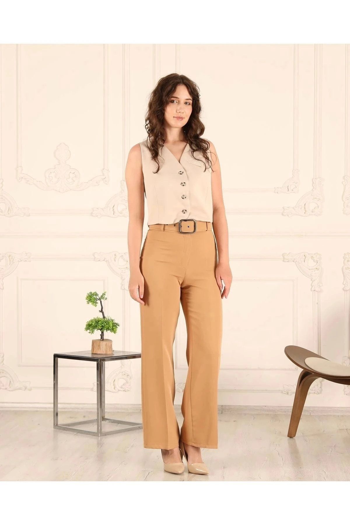 Kadın Bol Paça Kemerli Pantolon 10103 - Camel