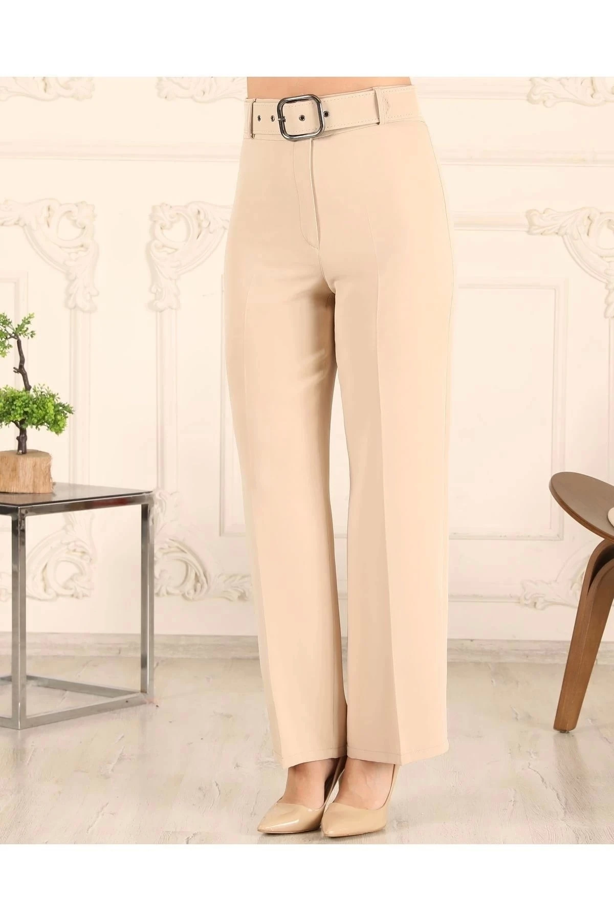 Kadın Bol Paça Kemerli Pantolon 10103 - Krem