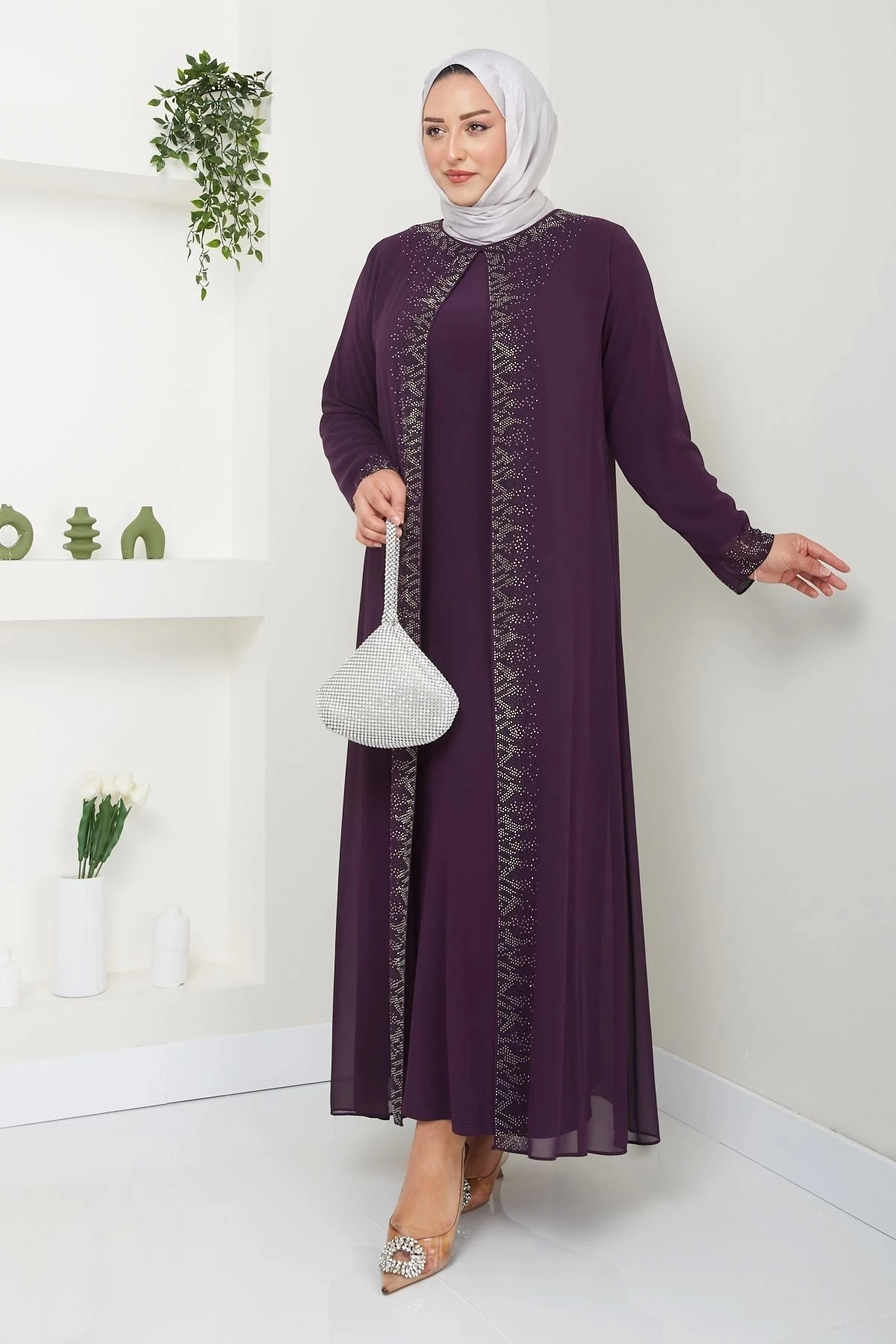 Kadın Büyük Beden Abiye Elbise Uzun Şifon 10118 - Mürdüm