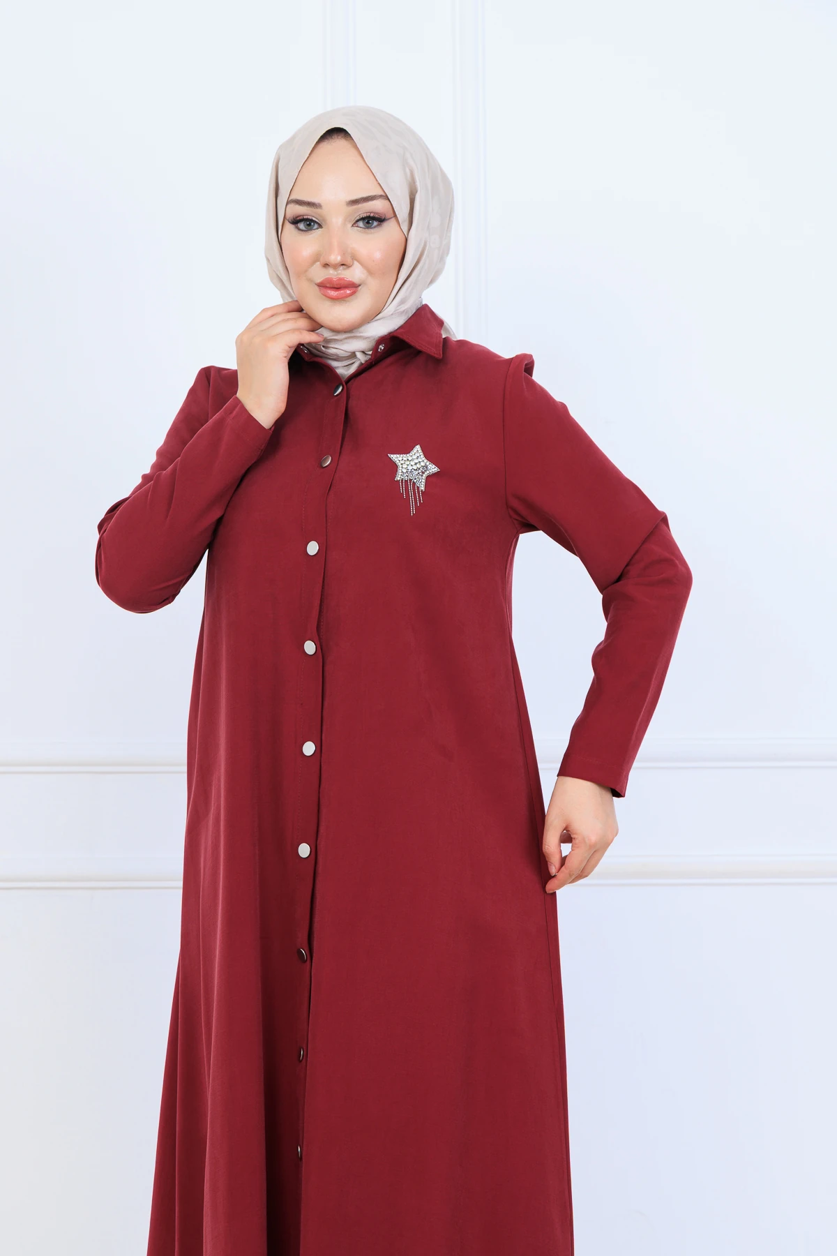 Yumuşak Organik Kumaş Gömlek Yaka Tesettür Kadın Uzun Tunik Pantolonlu İkili Takım 10133 - Bordo