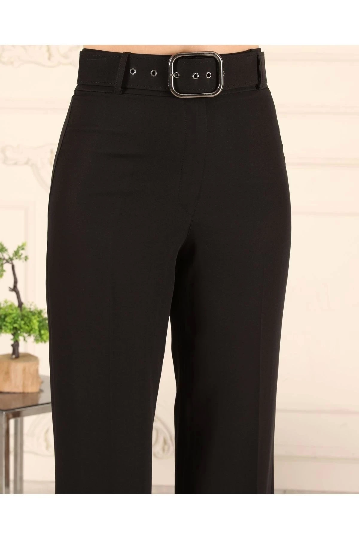 Kadın Bol Paça Kemerli Pantolon 10103 - Siyah