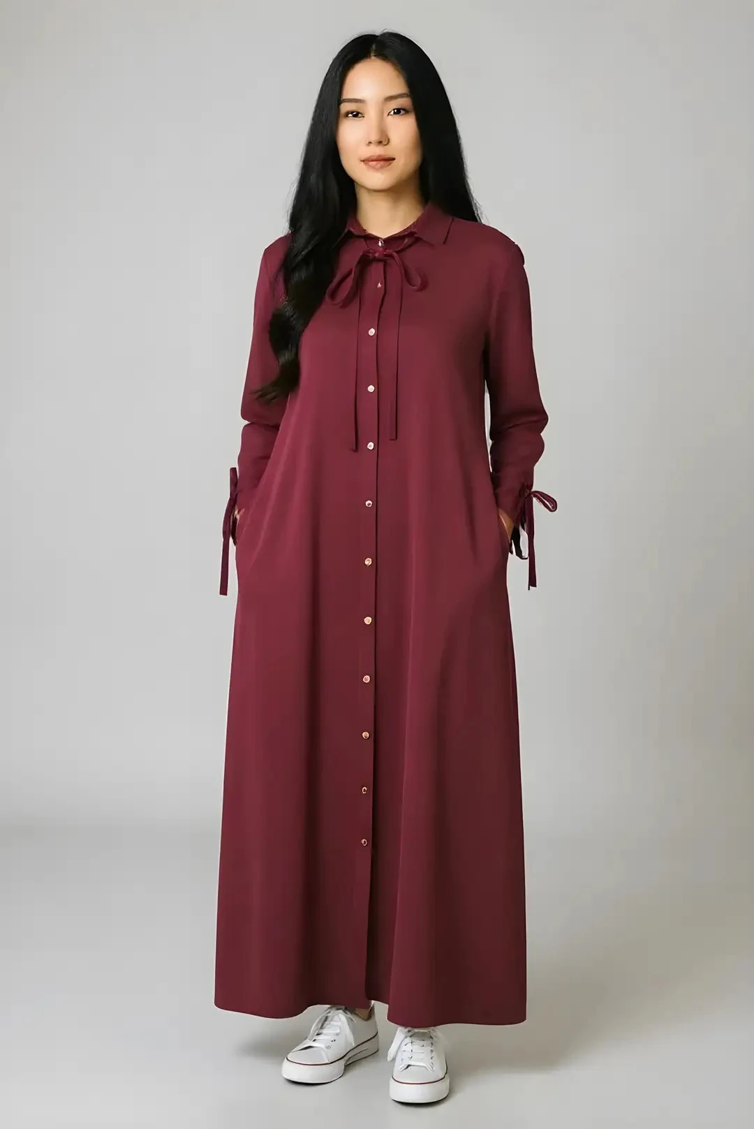 Yumuşak Organik Kumaş Gömlek Yaka Tesettür Kadın Uzun Elbise 10134 - Bordo