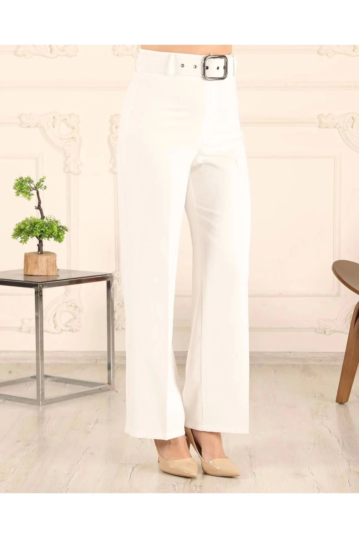Kadın Bol Paça Kemerli Pantolon 10103 - Beyaz