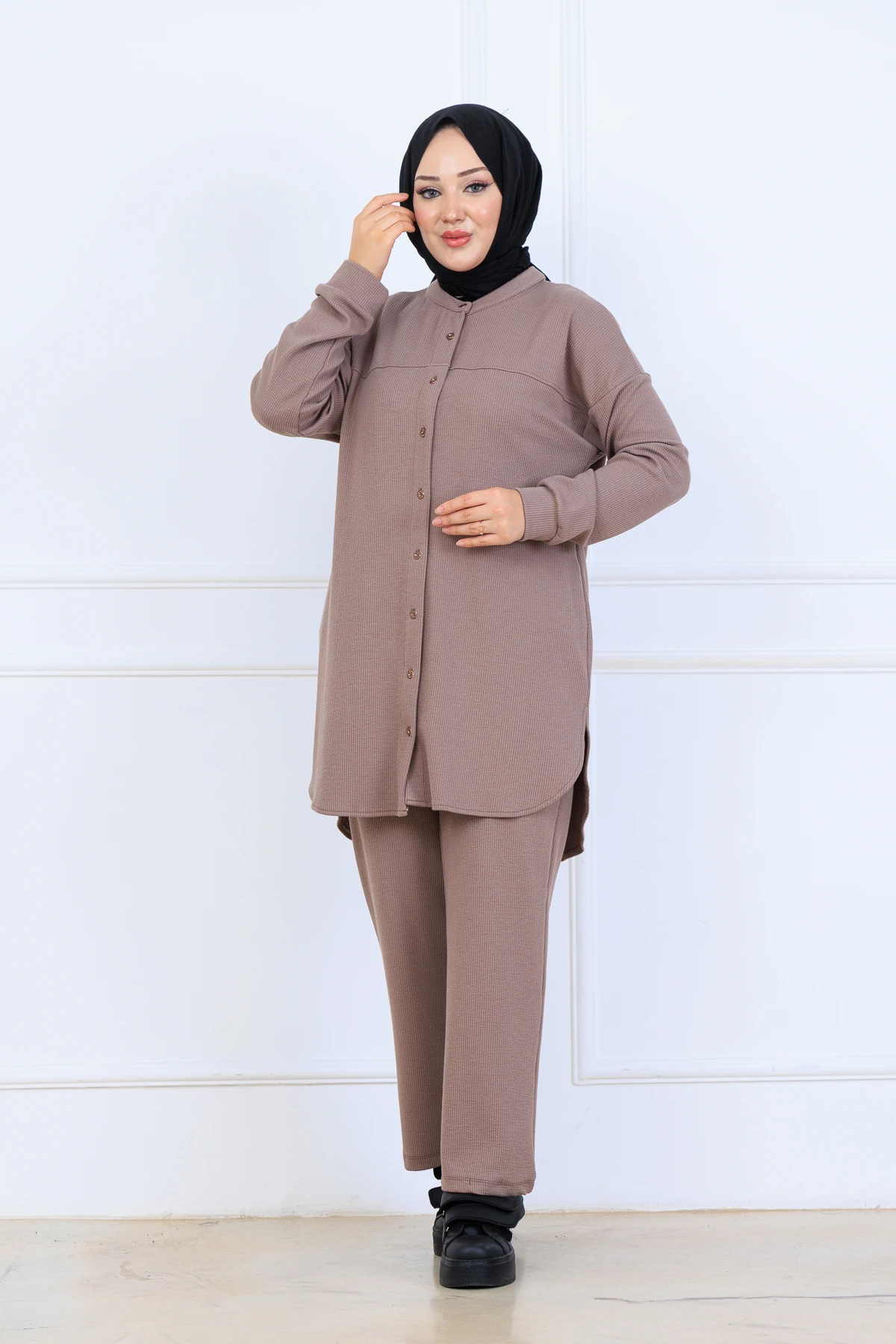 Bürümcük Kumaş Kadın İkili Takım-Gömlek Pantolon 10128 - Vizon