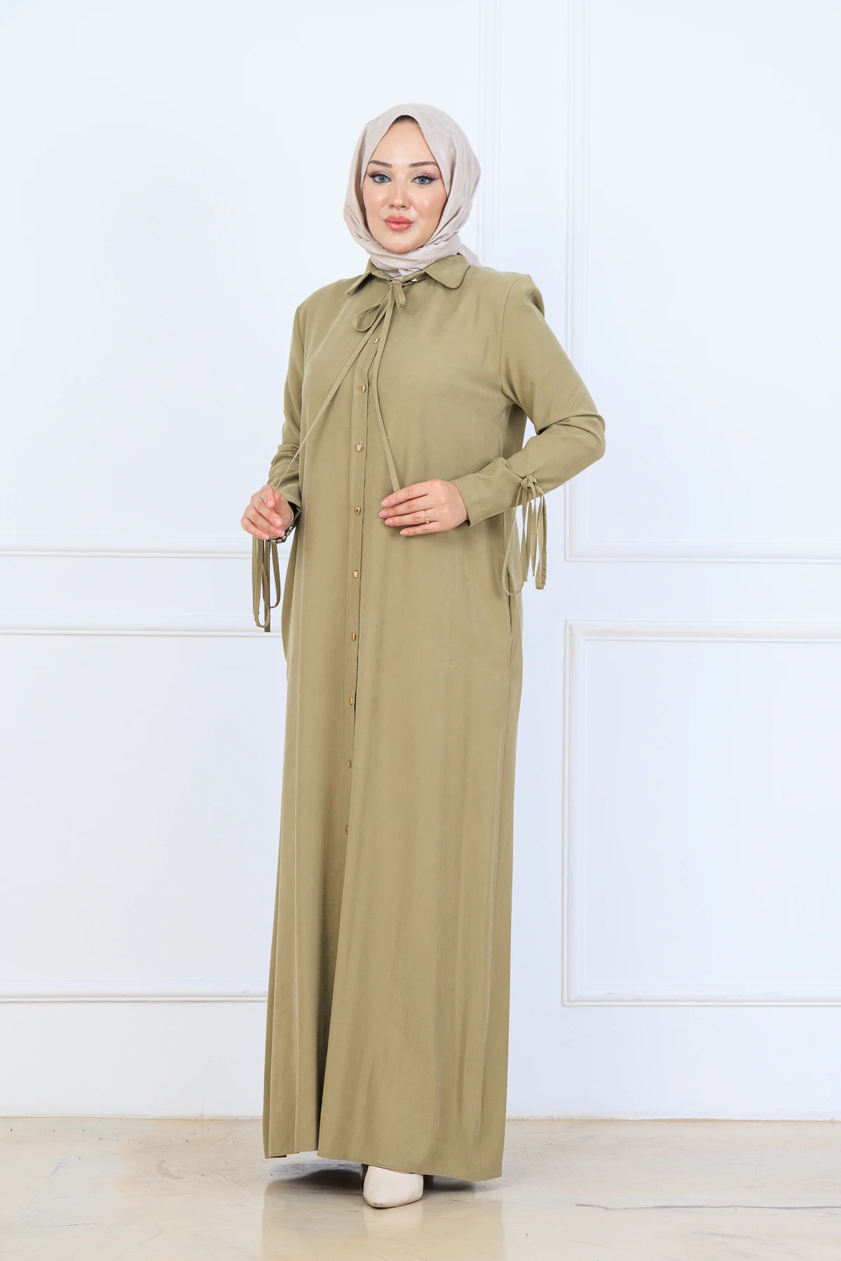 Yumuşak Organik Kumaş Gömlek Yaka Tesettür Kadın Uzun Elbise 10134 - Yağ Yeşil