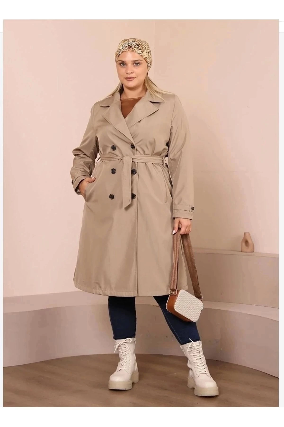 Kadın Kemerli Astarlı Uzun Trençkot