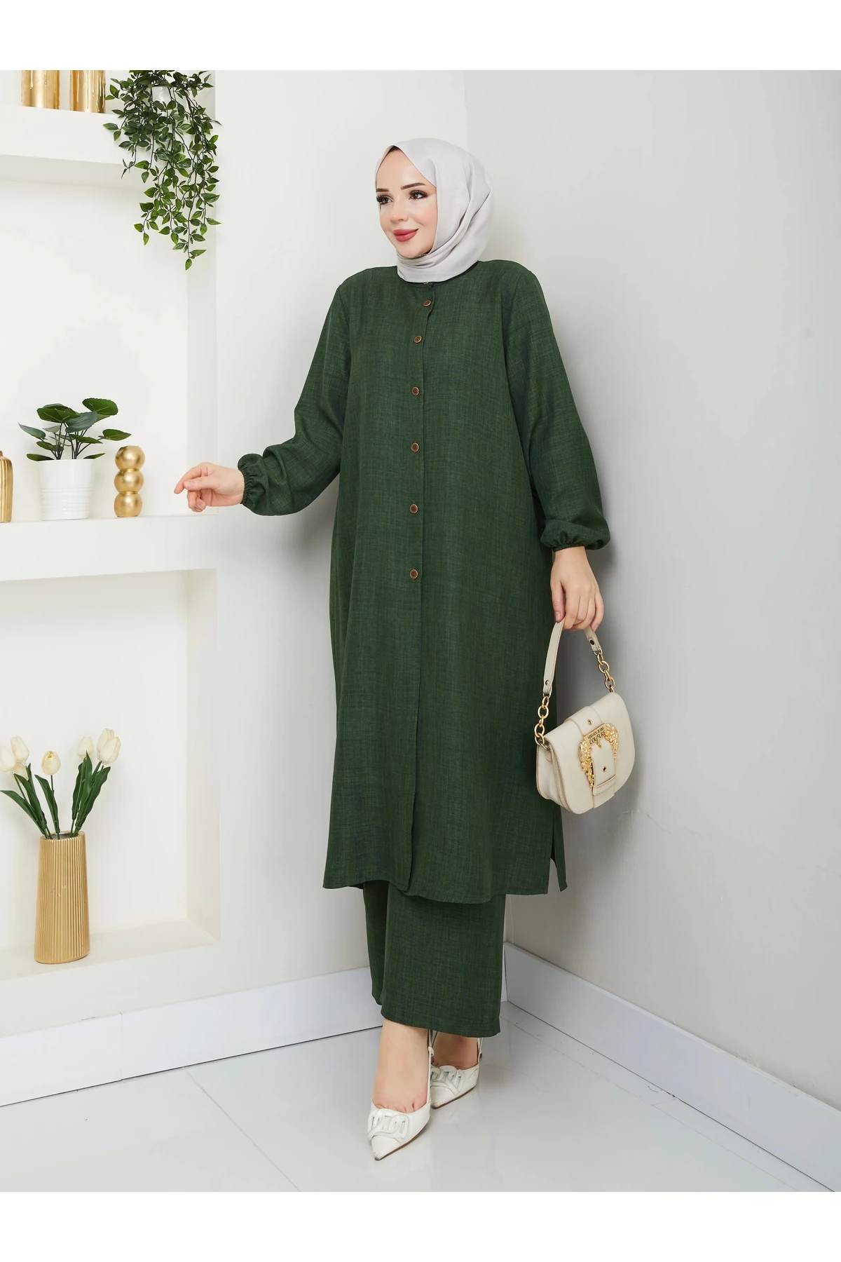 Kadın Büyük Beden Uzun  İkili Tesettür Tunik Takım 10110 - Yeşi̇l