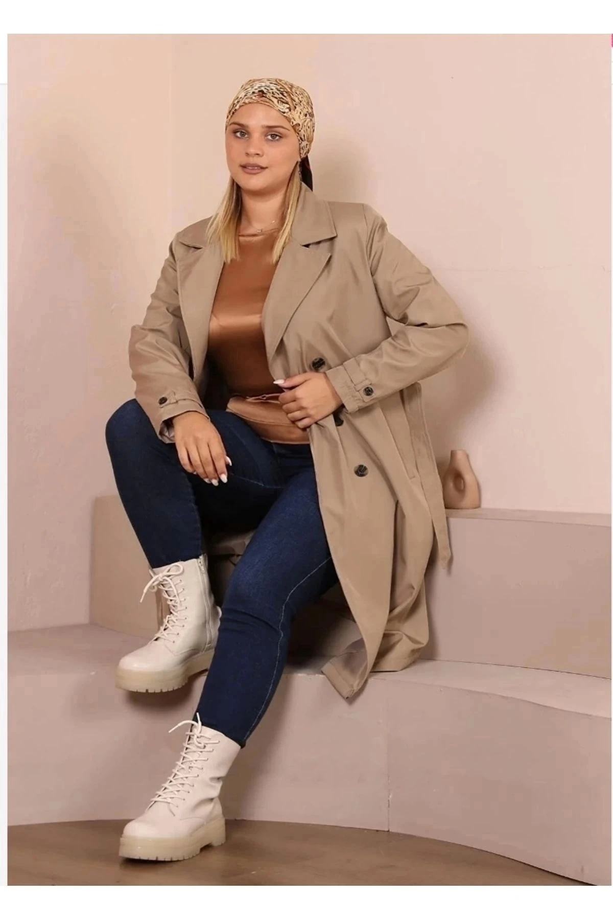 Kadın Kemerli Astarlı Uzun Trençkot