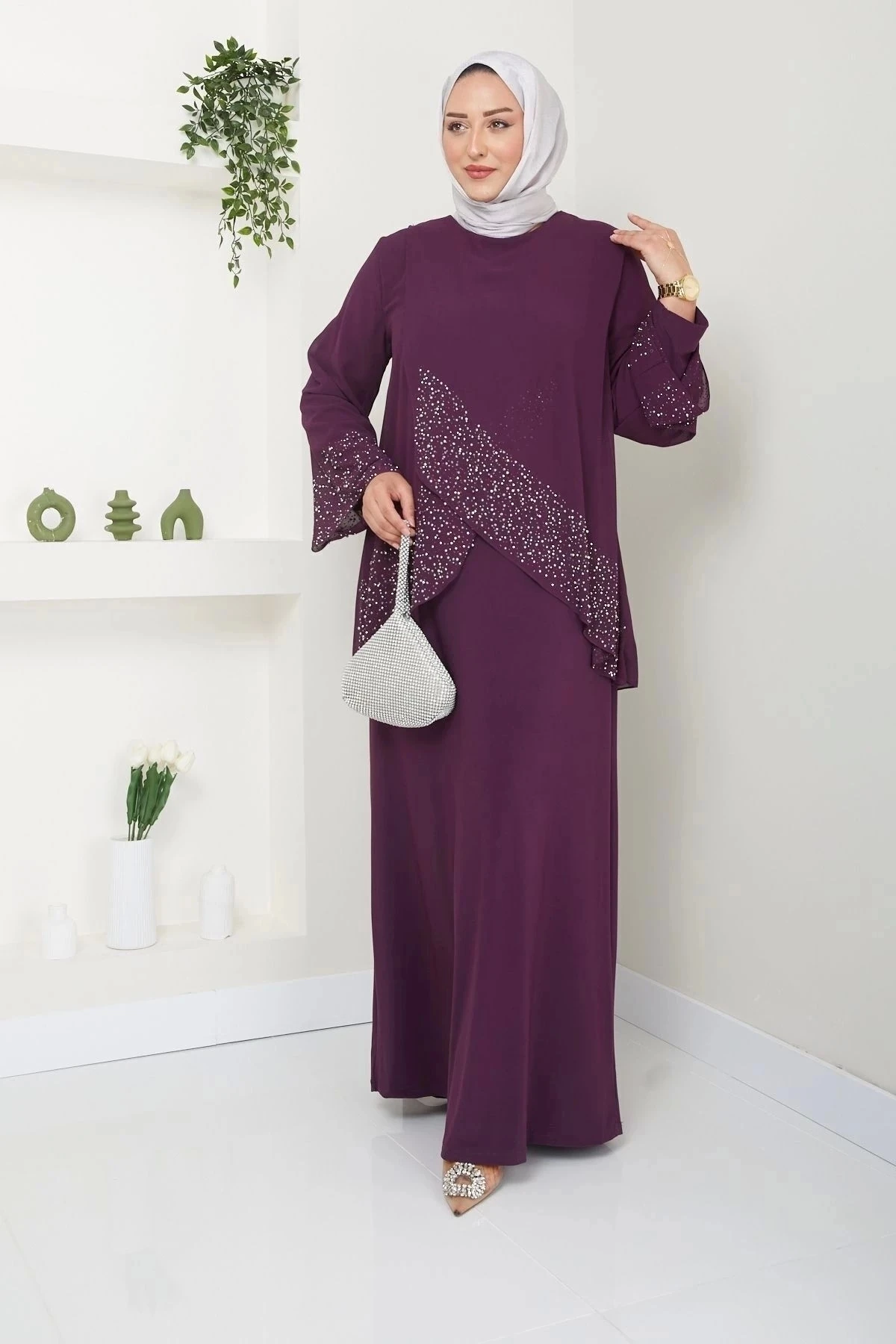 Kadın Büyük Beden Abiye Elbise İnci Taş Baskılı Tesettür Abiye Elbise 10113