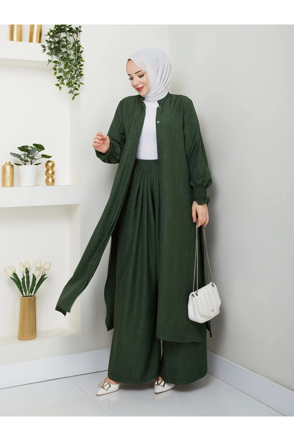 Kadın Uzun İkili Tesettür Tunik Takım 10114 - Ördek Yeşi̇l