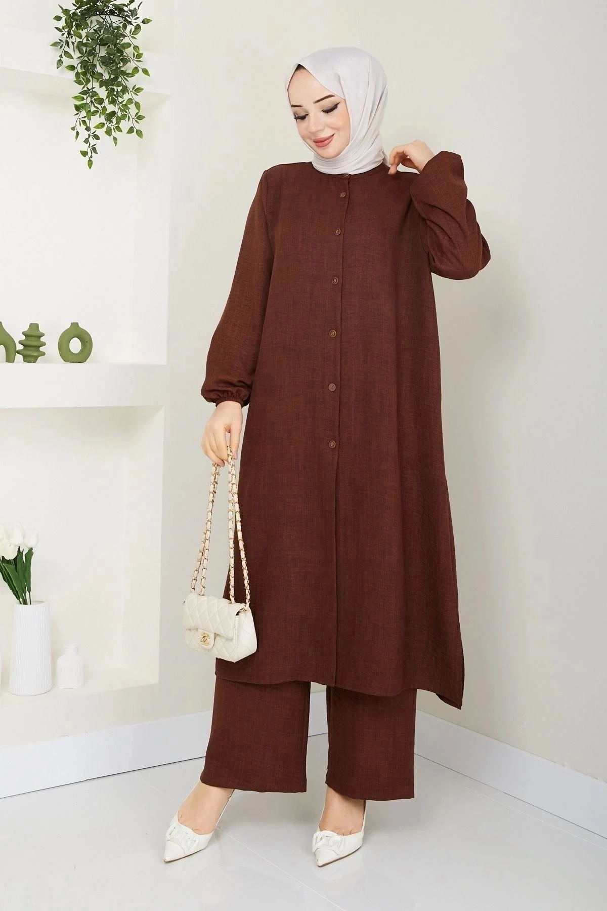 Kadın Büyük Beden Uzun  İkili Tesettür Tunik Takım 10110 - Kahverengi̇