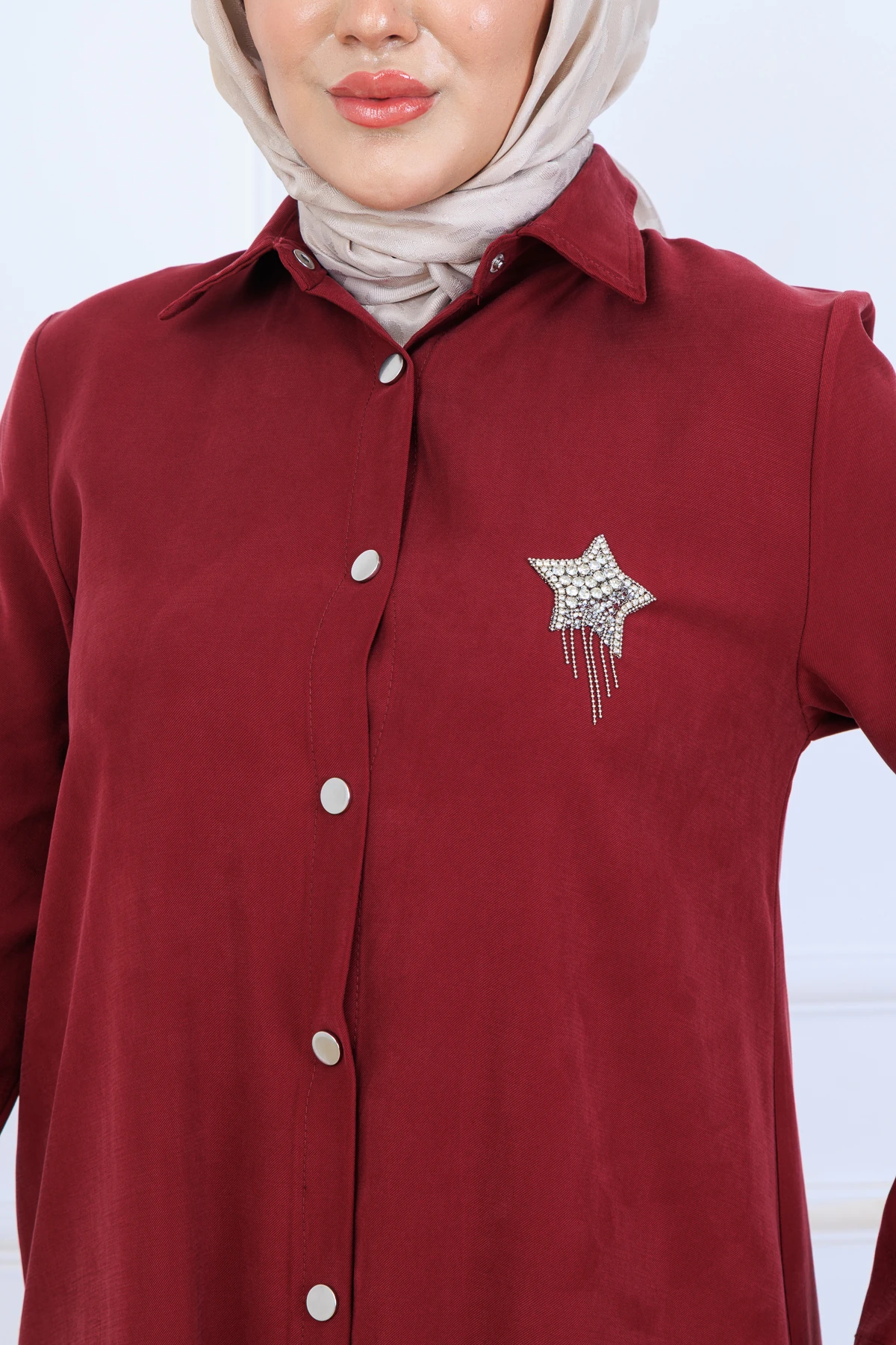 Yumuşak Organik Kumaş Gömlek Yaka Tesettür Kadın Uzun Tunik Pantolonlu İkili Takım 10133 - Bordo