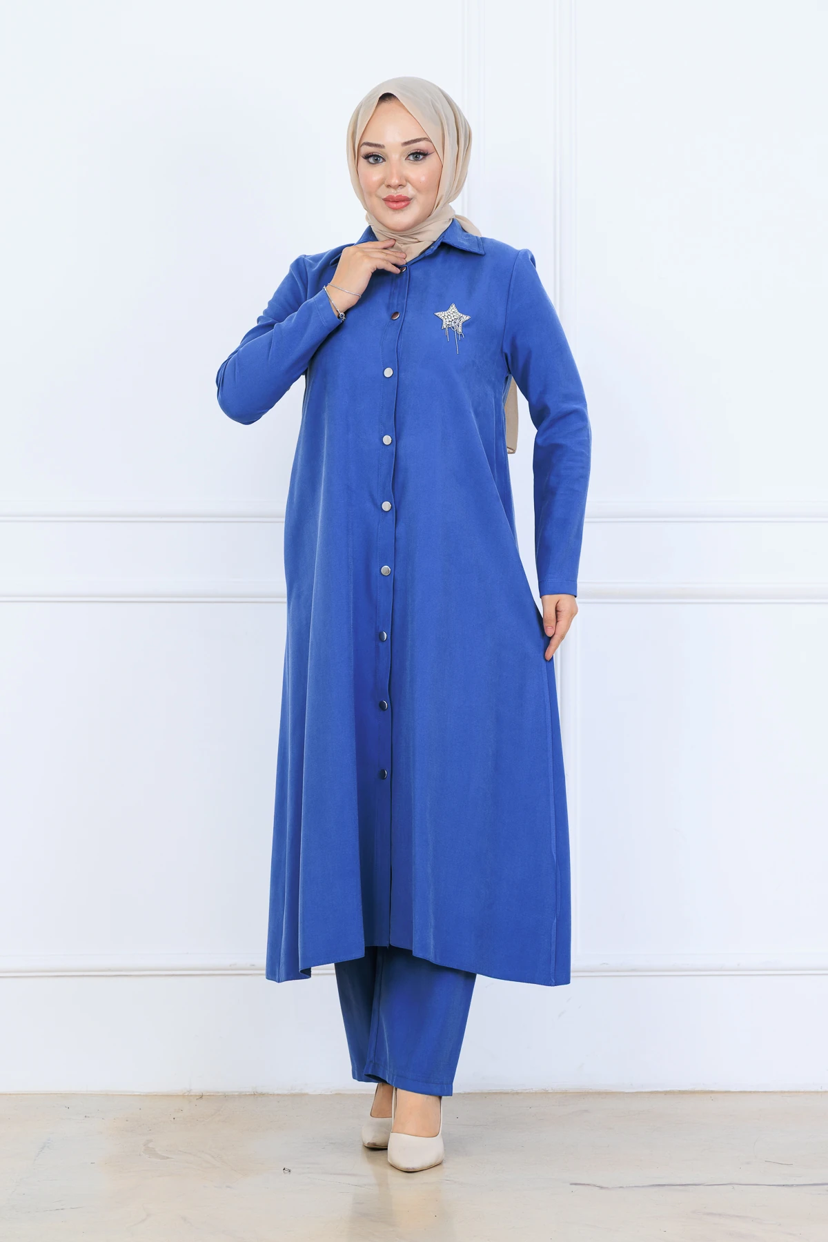 Yumuşak Organik Kumaş Gömlek Yaka Tesettür Kadın Uzun Tunik Pantolonlu İkili Takım 10133 - İndi̇go