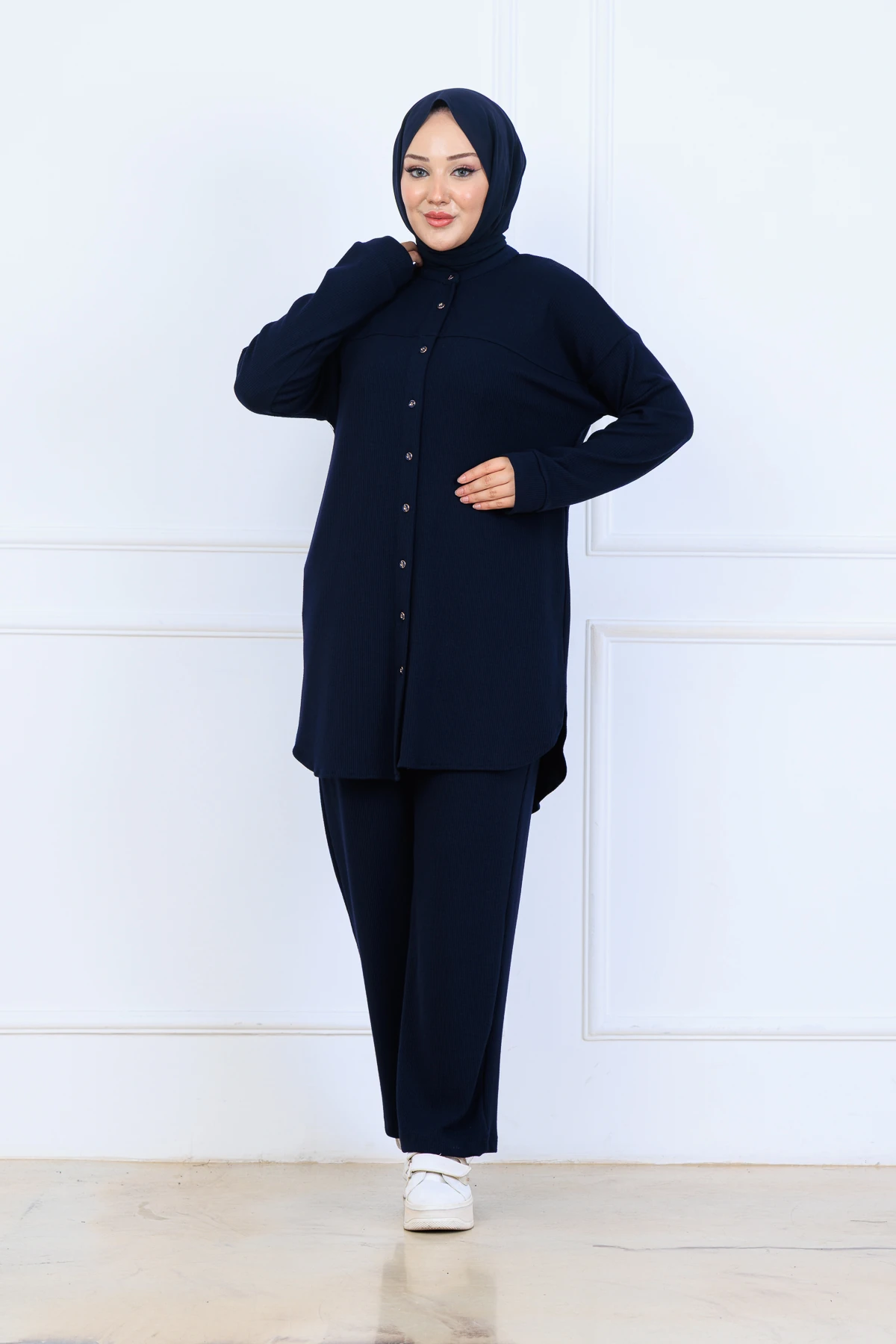 Bürümcük Kumaş Kadın İkili Takım-Gömlek Pantolon 10128 - Lacivert