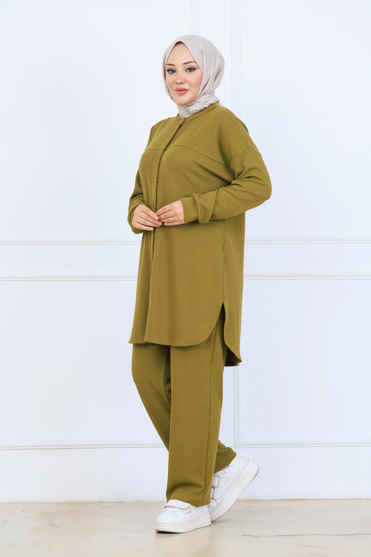 Bürümcük Kumaş Kadın İkili Takım-Gömlek Pantolon 10128 - Yağ Yeşil