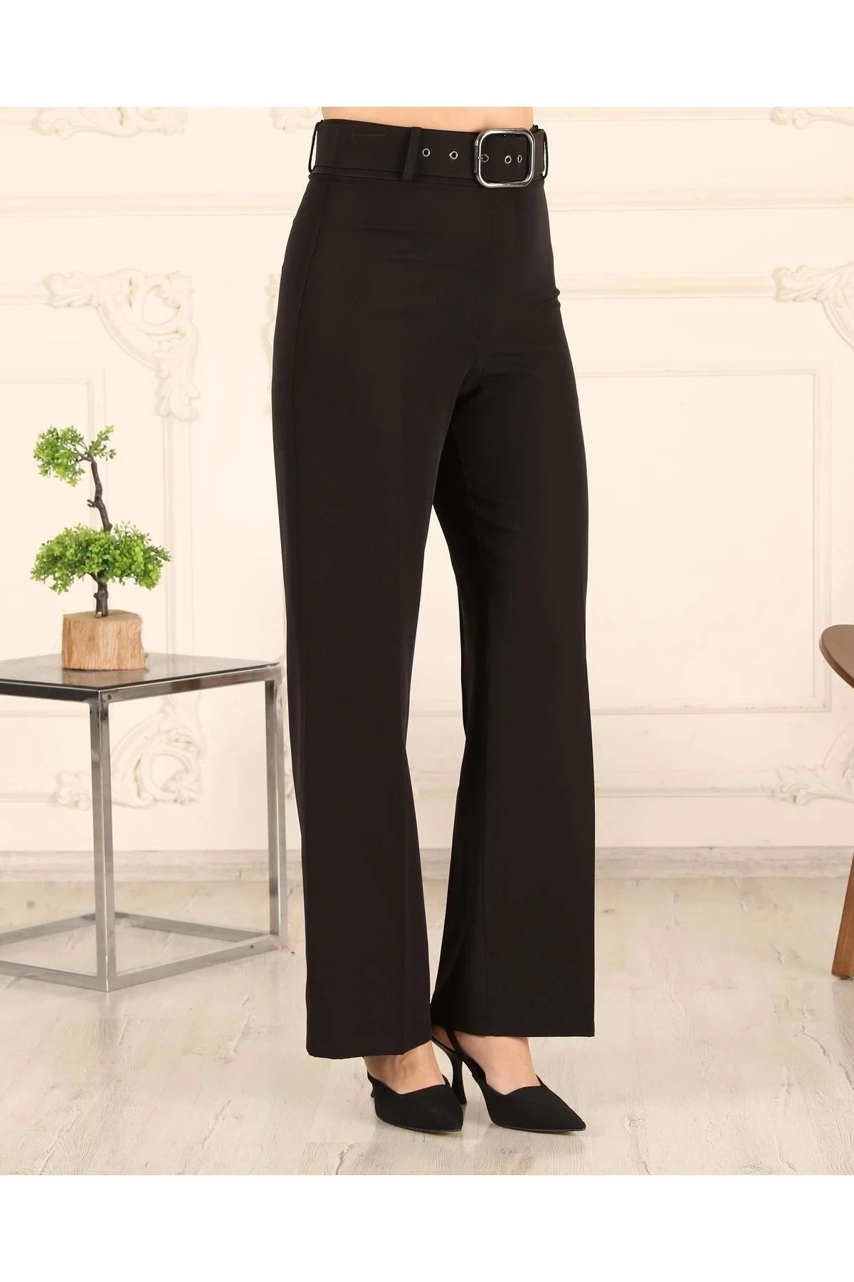 Kadın Bol Paça Kemerli Pantolon 10103 - Siyah