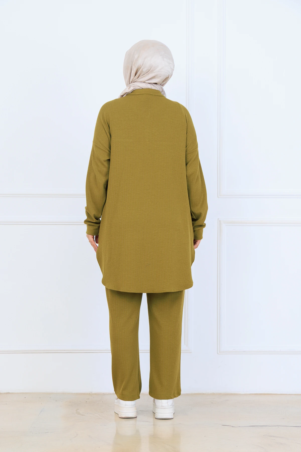 Bürümcük Kumaş Kadın İkili Takım-Gömlek Pantolon 10128 - Yağ Yeşil