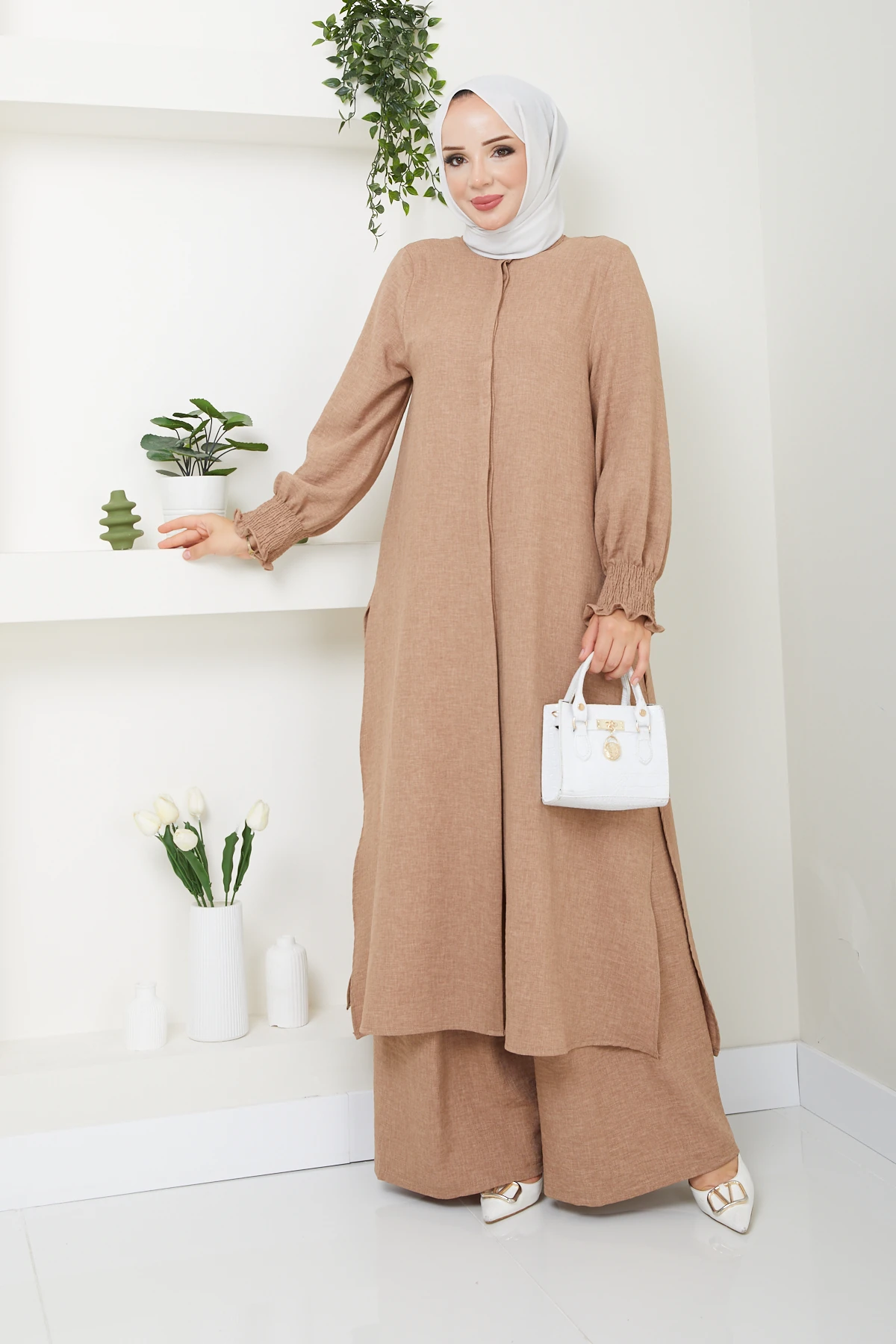 Kadın Uzun İkili Tesettür Tunik Takım 10114 - Vizon