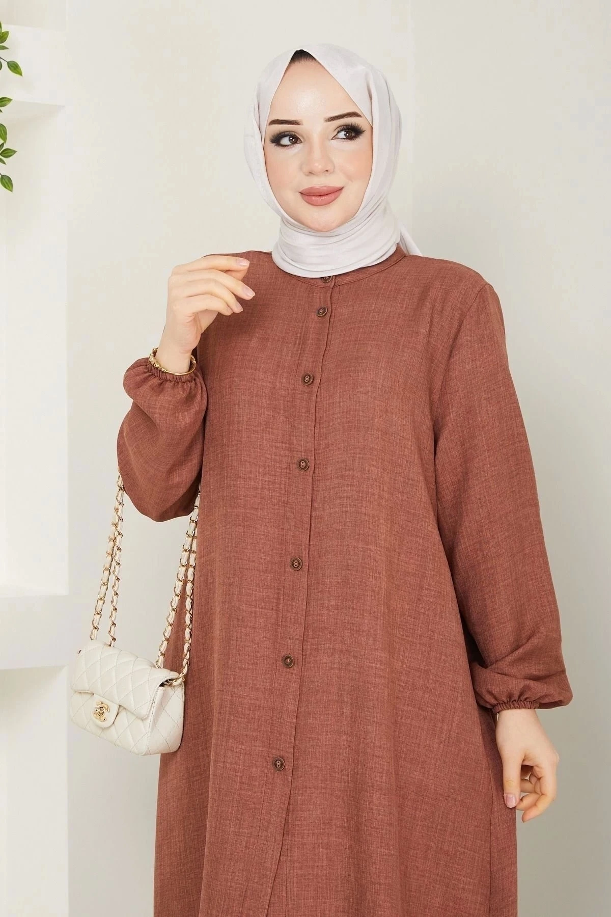 Kadın Büyük Beden Uzun  İkili Tesettür Tunik Takım 10110 - Taba