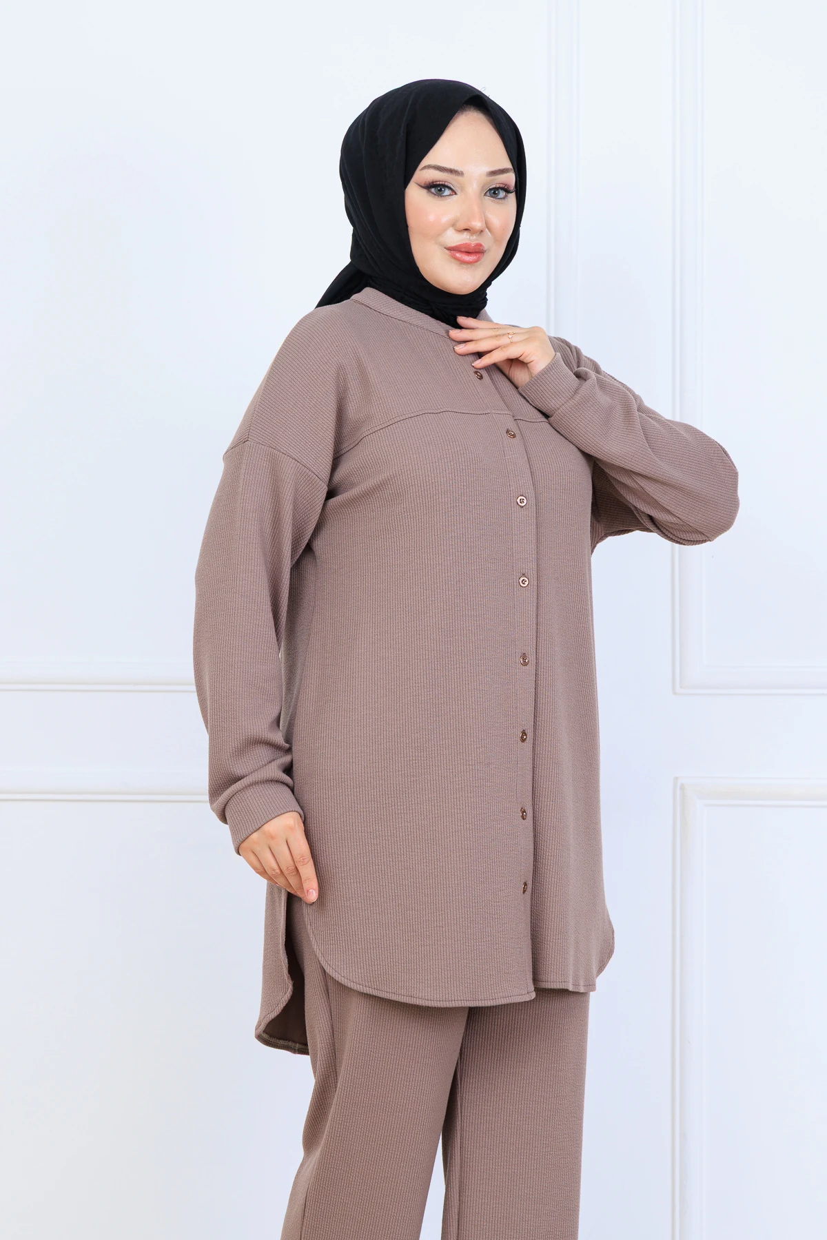 Bürümcük Kumaş Kadın İkili Takım-Gömlek Pantolon 10128 - Vizon