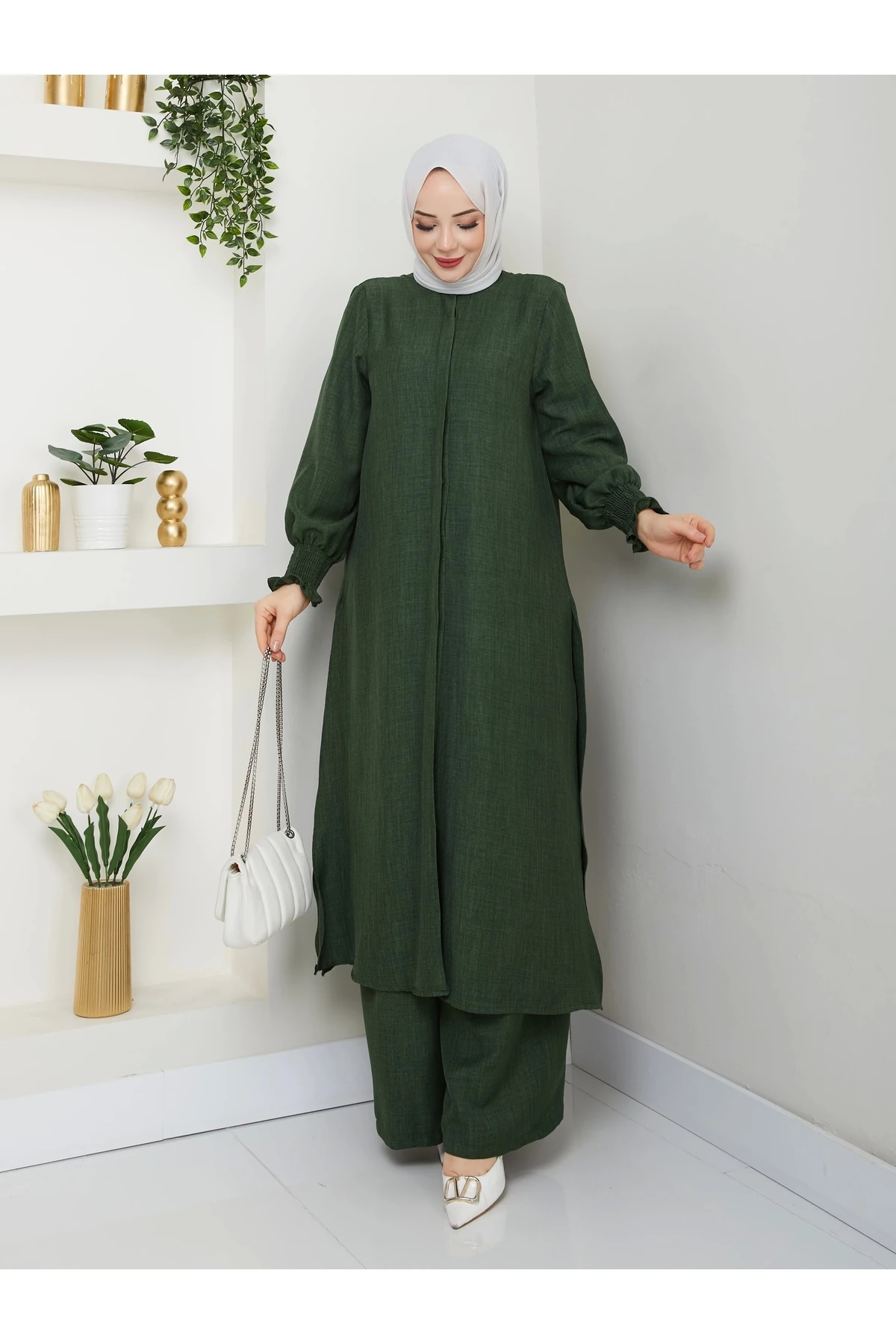 Kadın Uzun İkili Tesettür Tunik Takım 10114 - Ördek Yeşi̇l