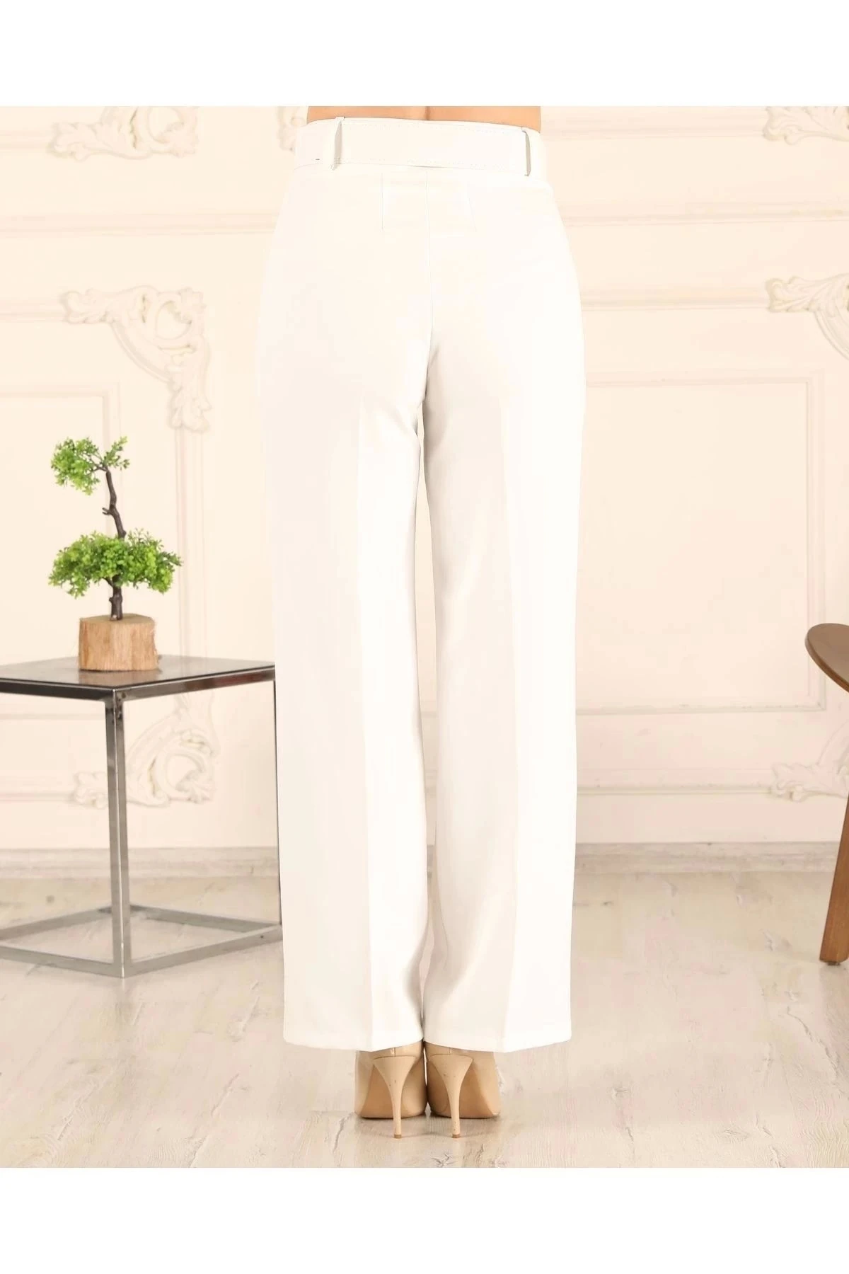 Kadın Bol Paça Kemerli Pantolon 10103 - Beyaz