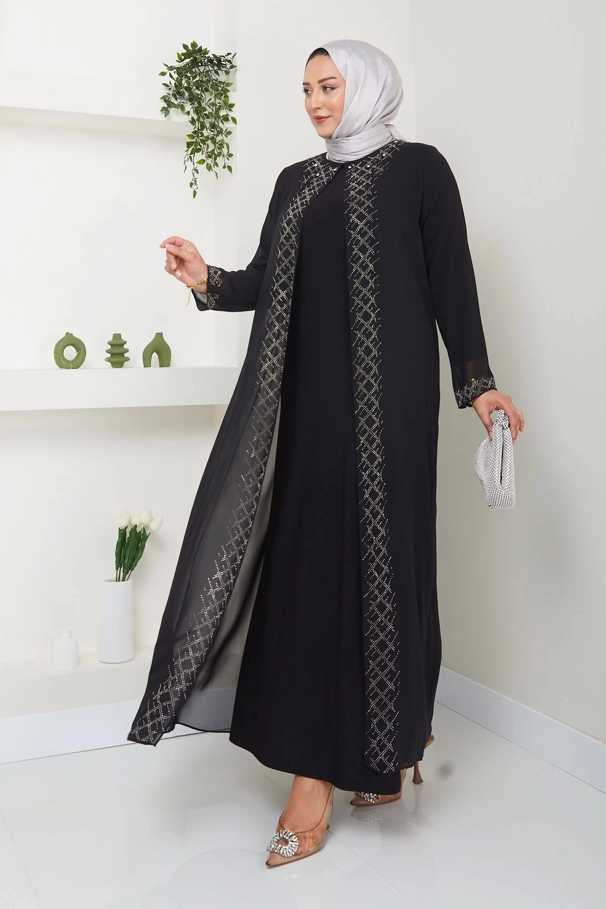 Kadın Büyük Beden Abiye Elbise Şifon Tesettür Abiye Elbise 10120 - Si̇yah