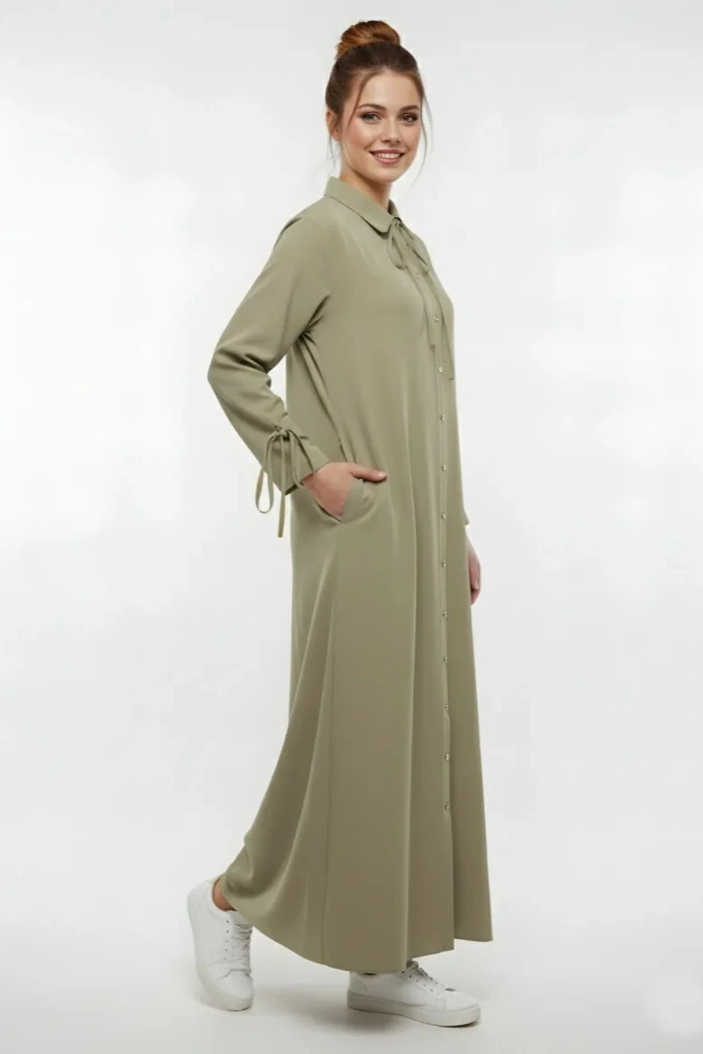 Yumuşak Organik Kumaş Gömlek Yaka Tesettür Kadın Uzun Elbise 10134