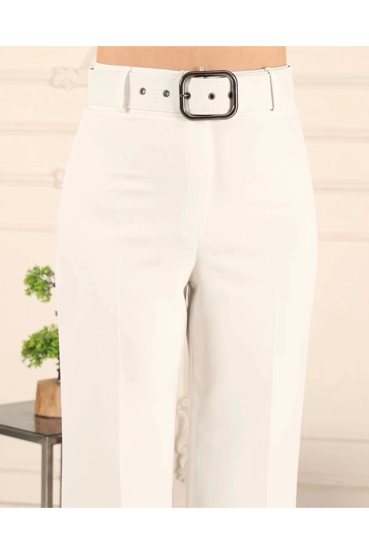 Kadın Bol Paça Kemerli Pantolon 10103 - Beyaz