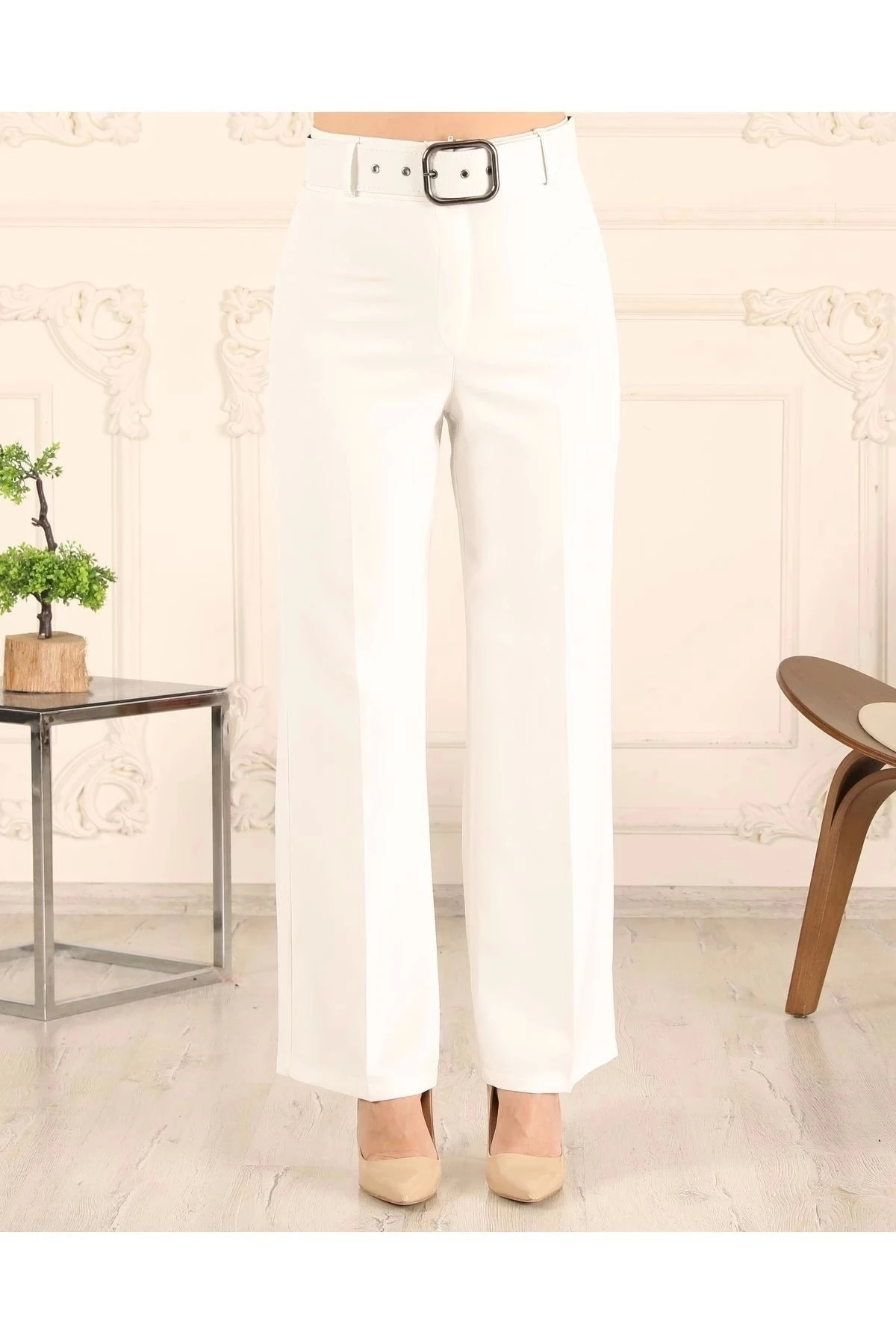 Kadın Bol Paça Kemerli Pantolon 10103 - Beyaz