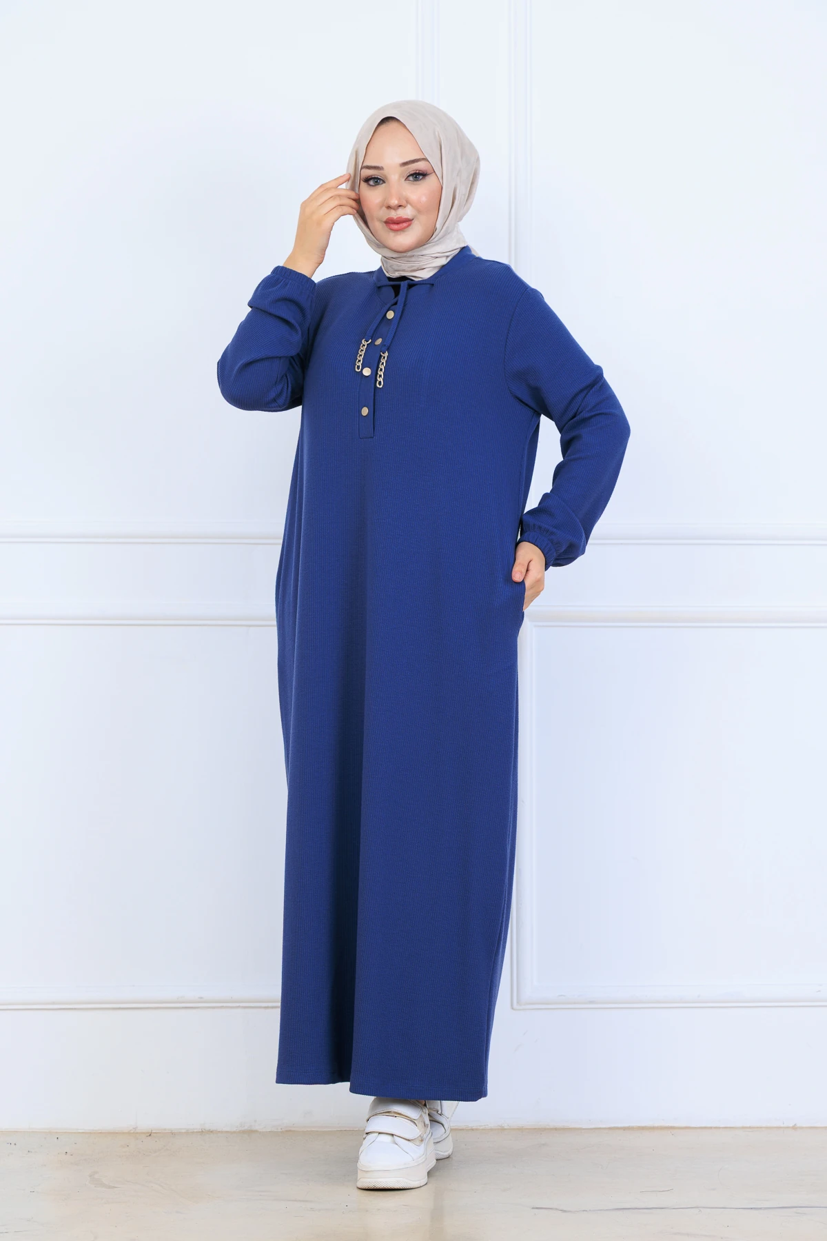 Rahat Kalıp Fitilli Örme Kumaş Elbise 10126 - Mavi