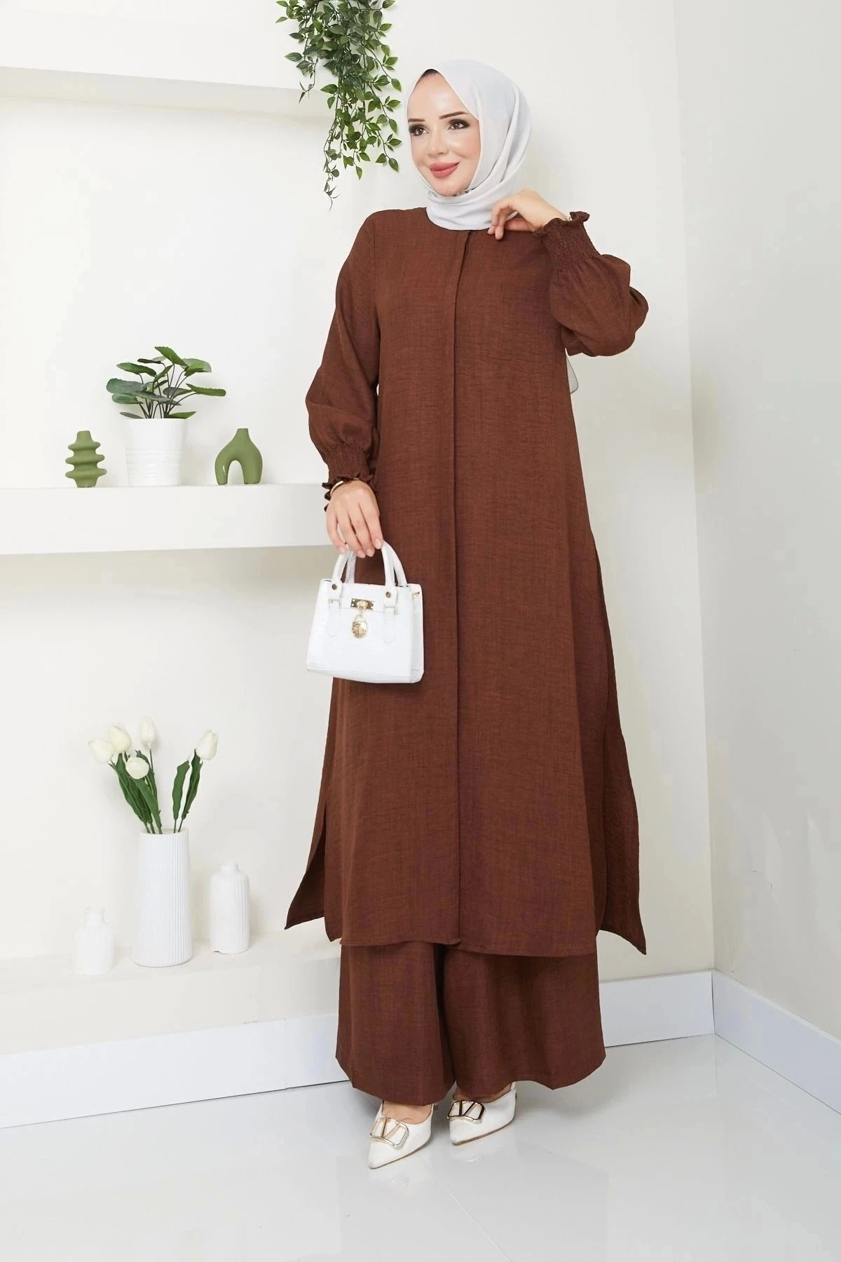 Kadın Uzun İkili Tesettür Tunik Takım 10114 - Kahverengi