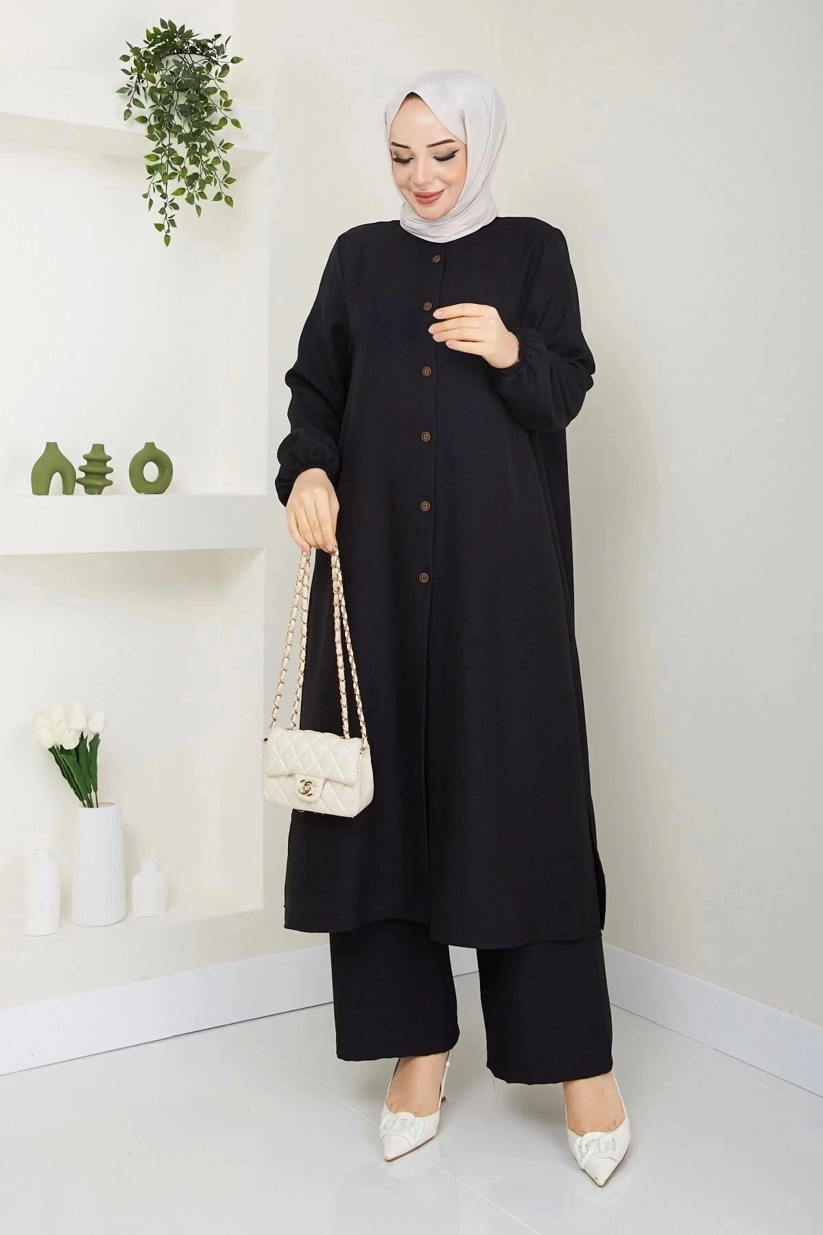 Kadın Büyük Beden Uzun  İkili Tesettür Tunik Takım 10110 - Si̇yah