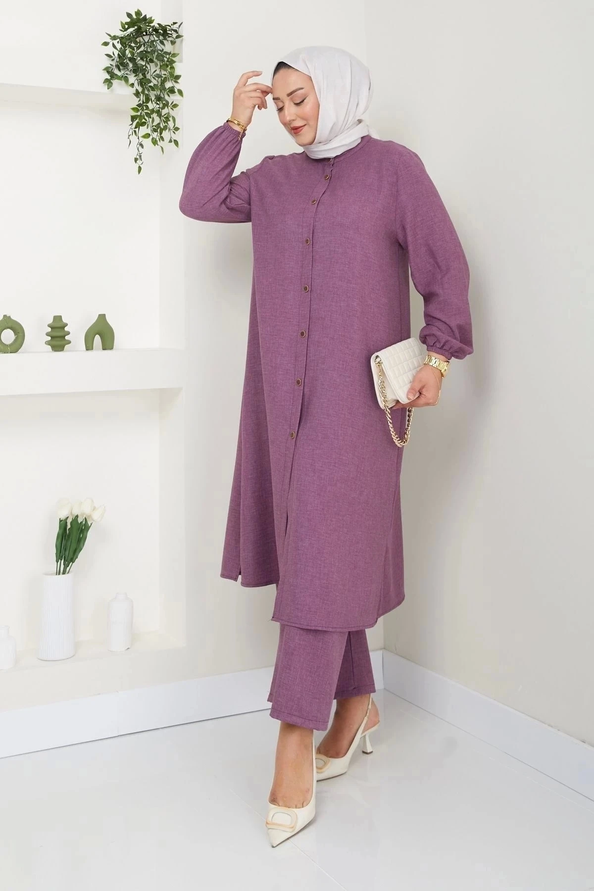 Kadın Büyük Beden Uzun  İkili Tesettür Tunik Takım 10110 - Lila