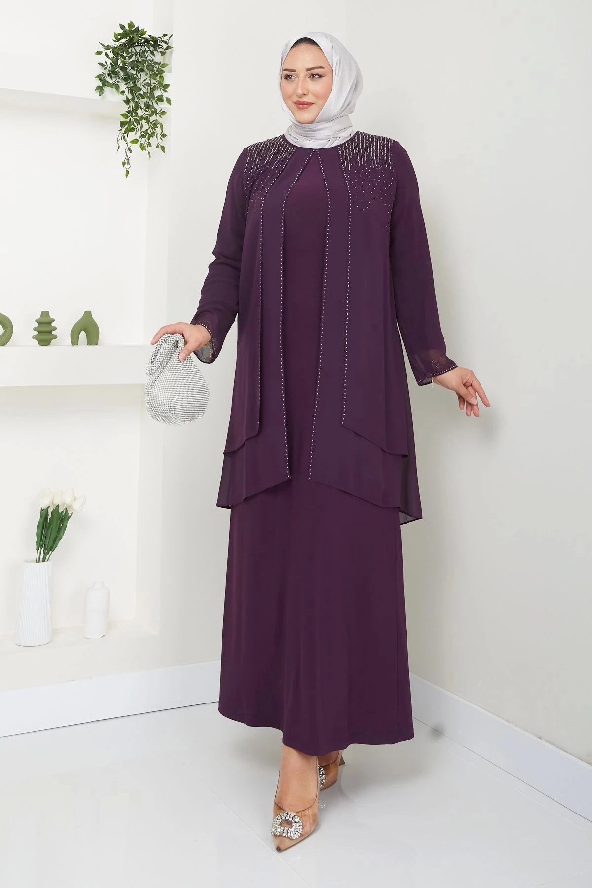 Kadın Büyük Beden Abiye Elbise İki Kat Şifon Tesettür Abiye Elbise 10117 - Mürdüm