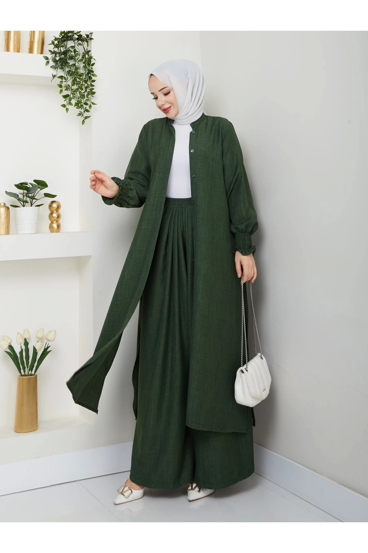 Kadın Uzun İkili Tesettür Tunik Takım 10114 - Ördek Yeşi̇l