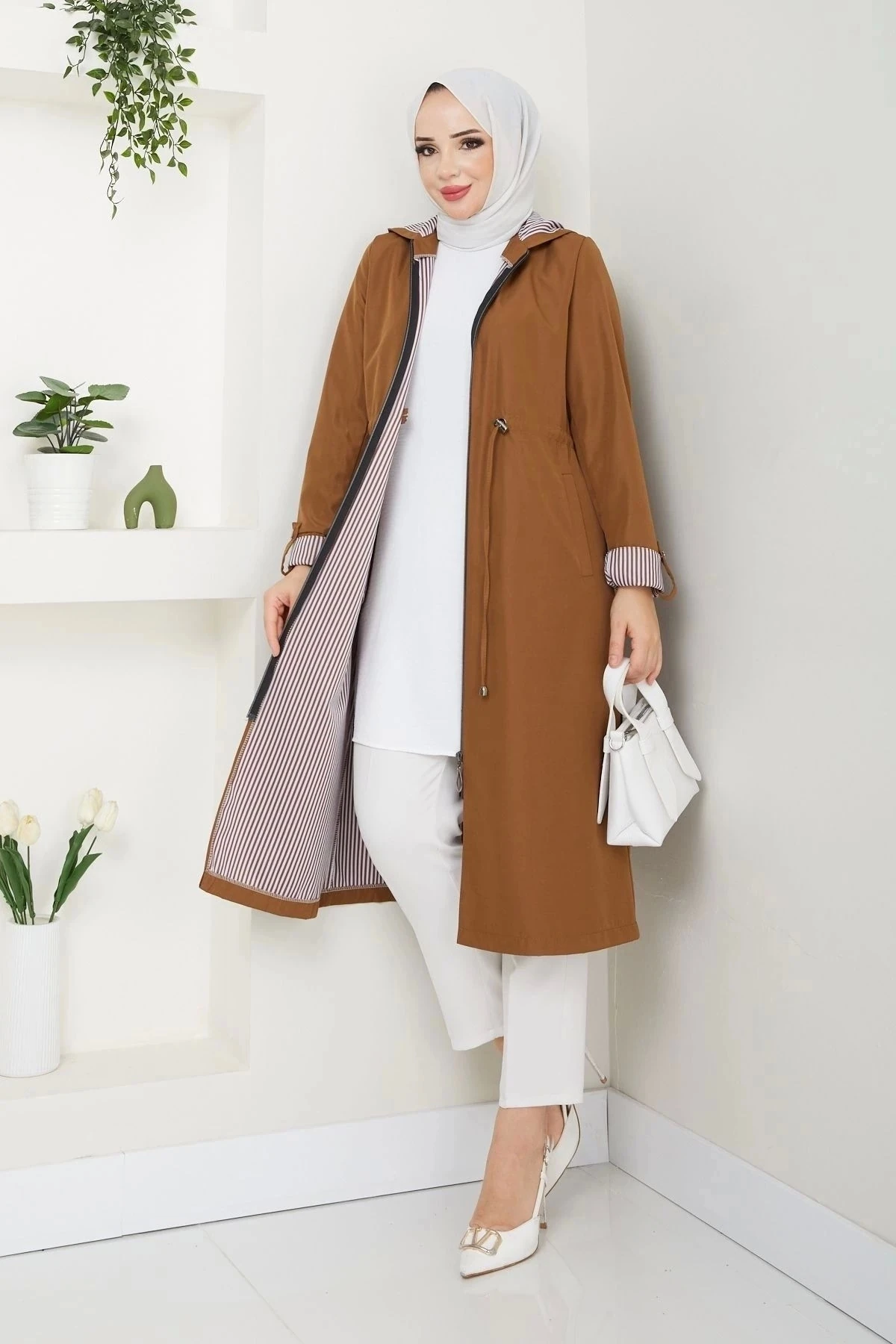 Kadın Uzun Giy Çık Trençkot 10104 - Taba