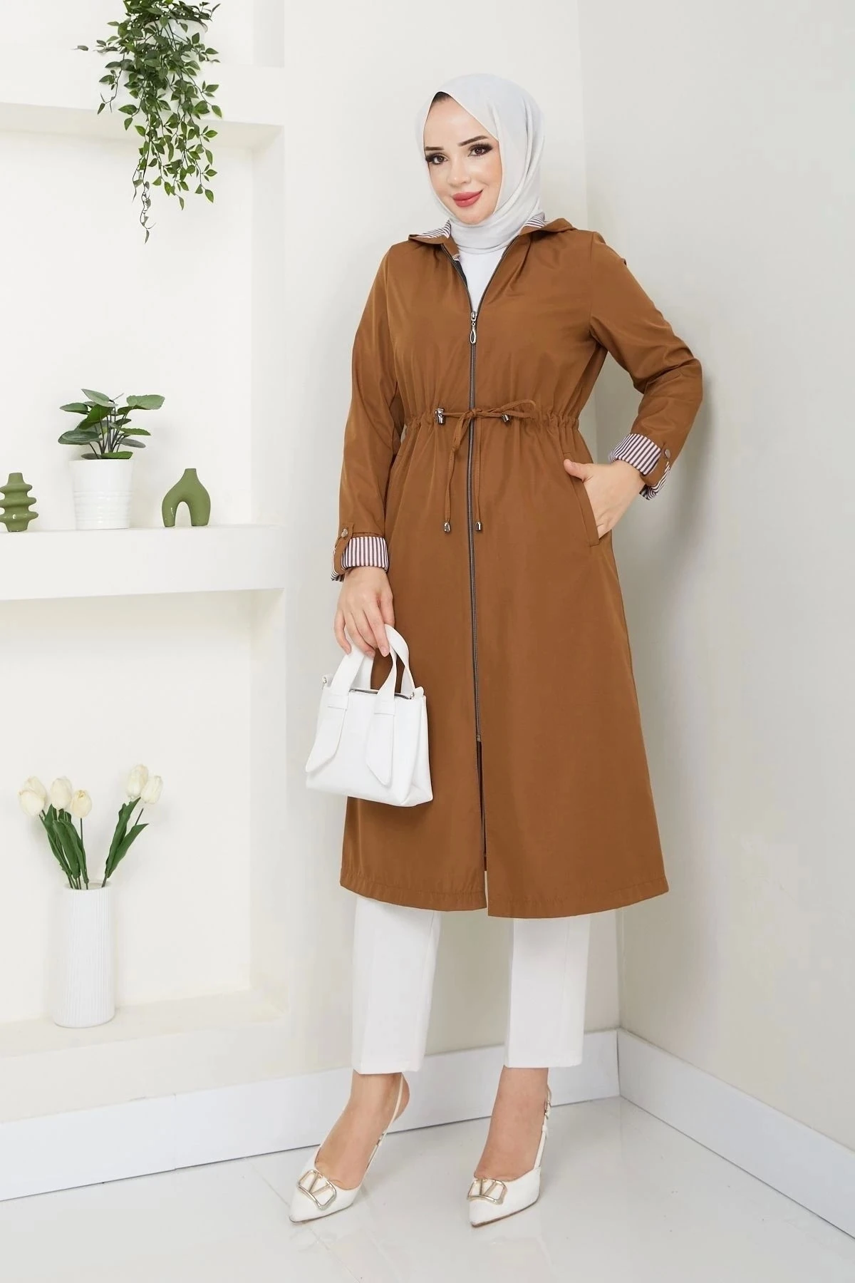 Kadın Uzun Giy Çık Trençkot 10104 - Taba