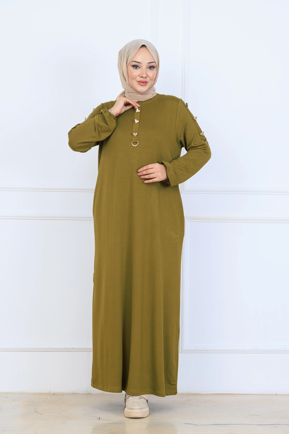 Rahat Bol Kesim Örme Kumaş Elbise 10127 - Yağ Yeşil