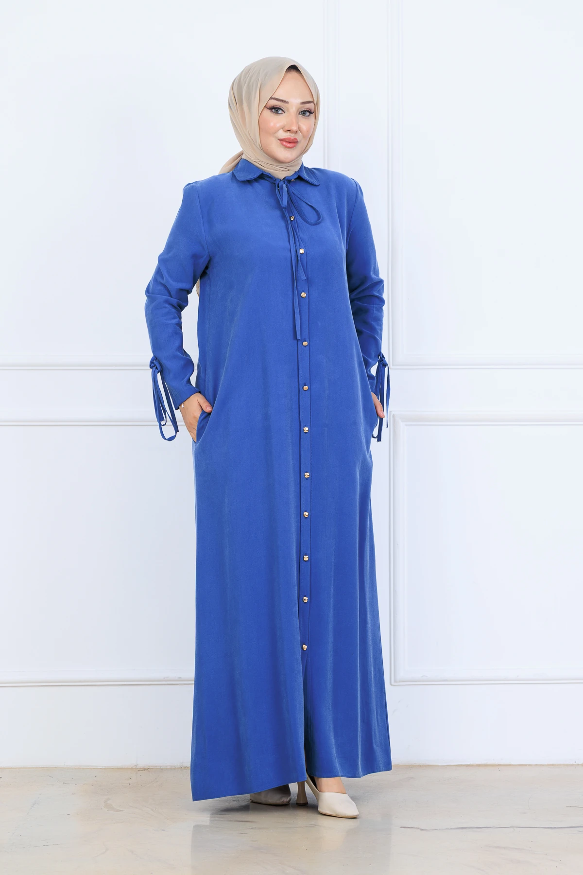Yumuşak Organik Kumaş Gömlek Yaka Tesettür Kadın Uzun Elbise 10134 - İndi̇go