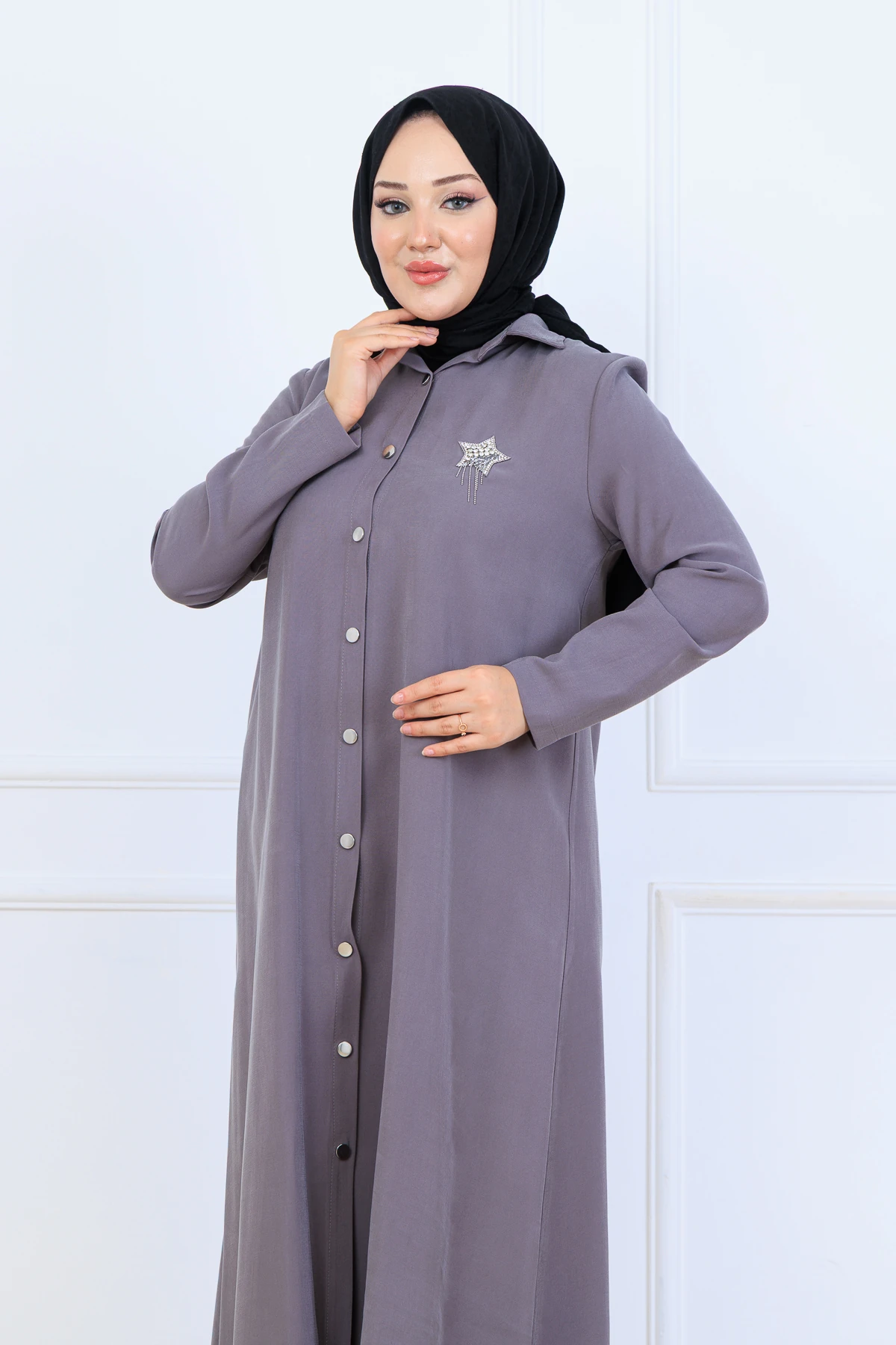 Yumuşak Organik Kumaş Gömlek Yaka Tesettür Kadın Uzun Tunik Pantolonlu İkili Takım 10133 - Gri