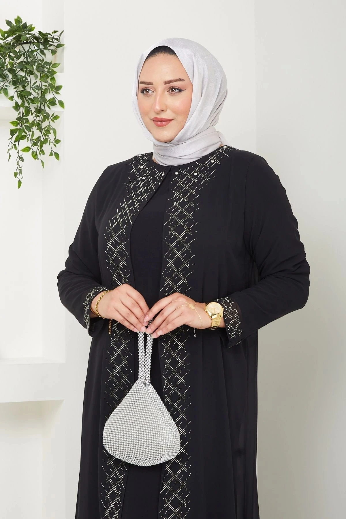 Kadın Büyük Beden Abiye Elbise Şifon Tesettür Abiye Elbise 10120 - Si̇yah