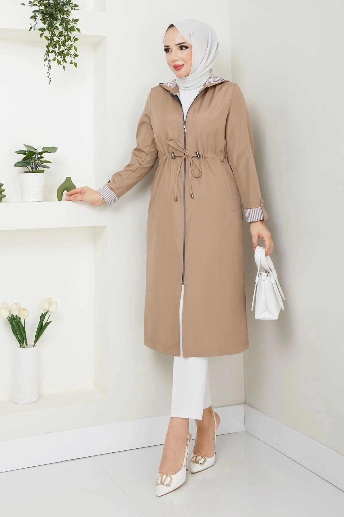 Kadın Uzun Giy Çık Trençkot 10104 - Vizon