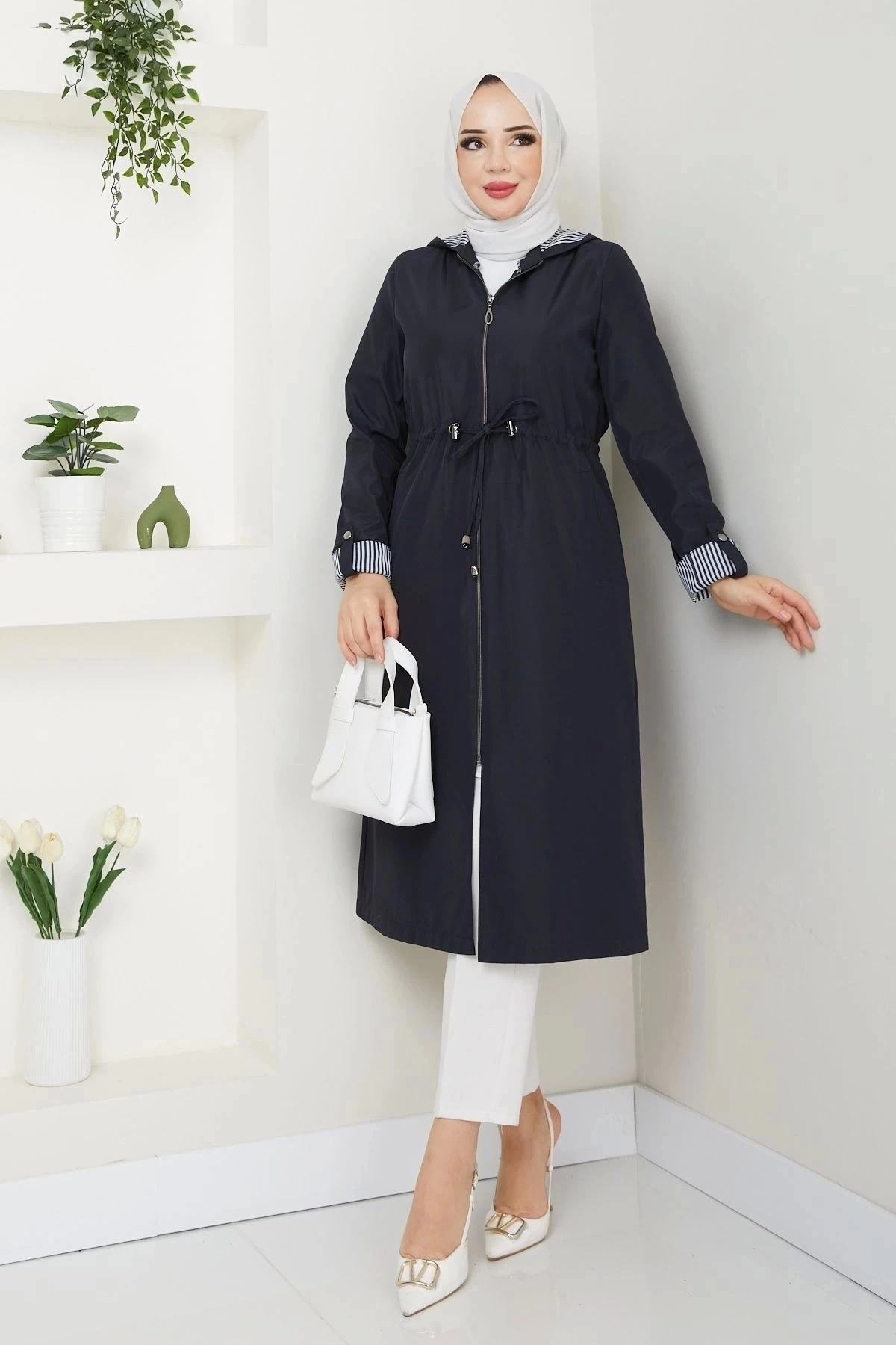 Kadın Uzun Giy Çık Trençkot 10104 - Lacivert