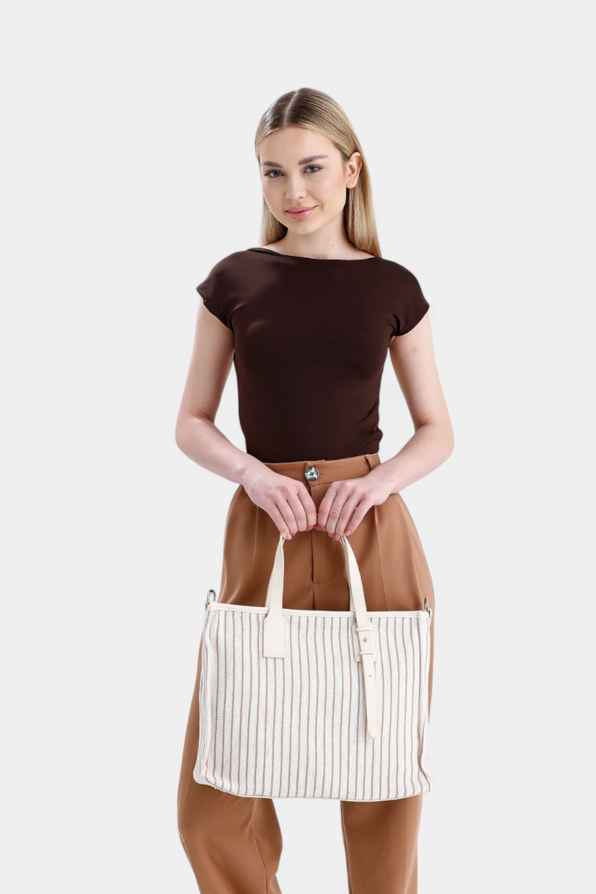 Nancy Fermuar Kapama Detaylı Kadın El ve Omuz Çantası - Vizon