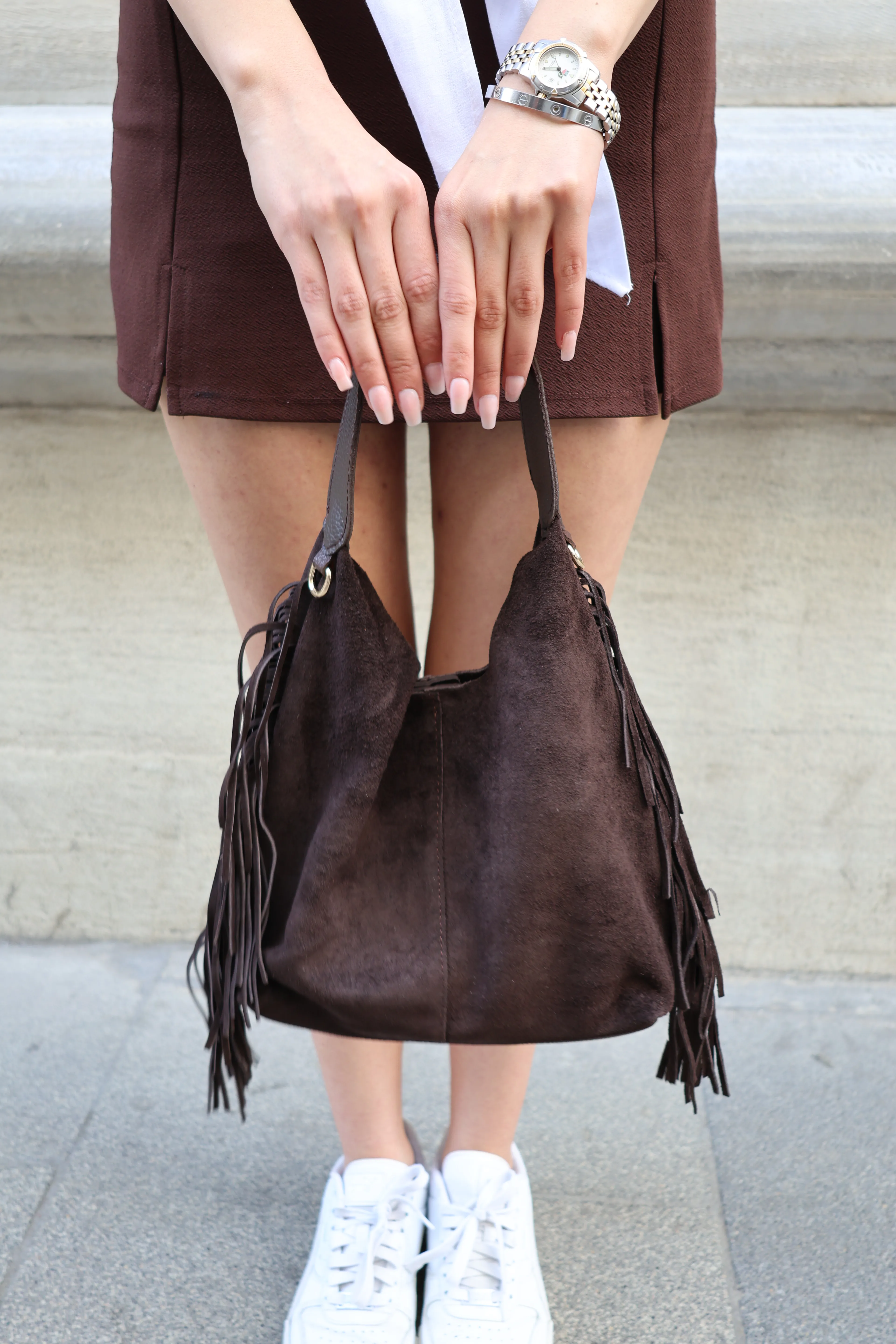 Helia Hakiki Süet Deri Organizer Çanta Detaylı Kadın El ve Omuz Çantası - Kahverengi