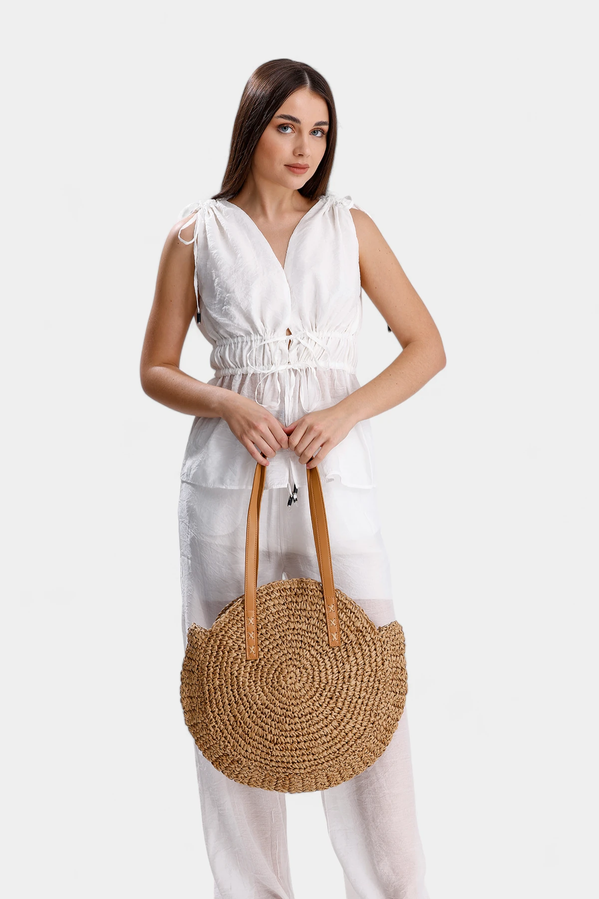 Kelly Fermuar Kapamalı  Hasır Kadın Omuz Çantası - Camel